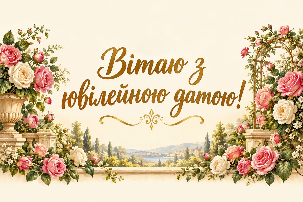Листівка з ювілеєм жінці: святкова стрічка над трояндовим садом, напис «Вітаю з ювілейною датою!»