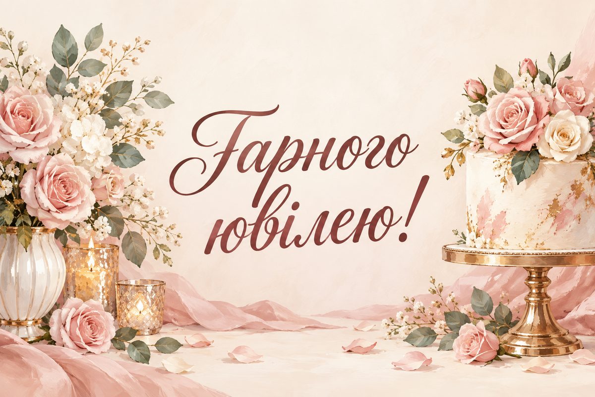 Листівка з ювілеєм жінці: торт із цукровими трояндами на золотій підставці, напис «Гарного ювілею!»