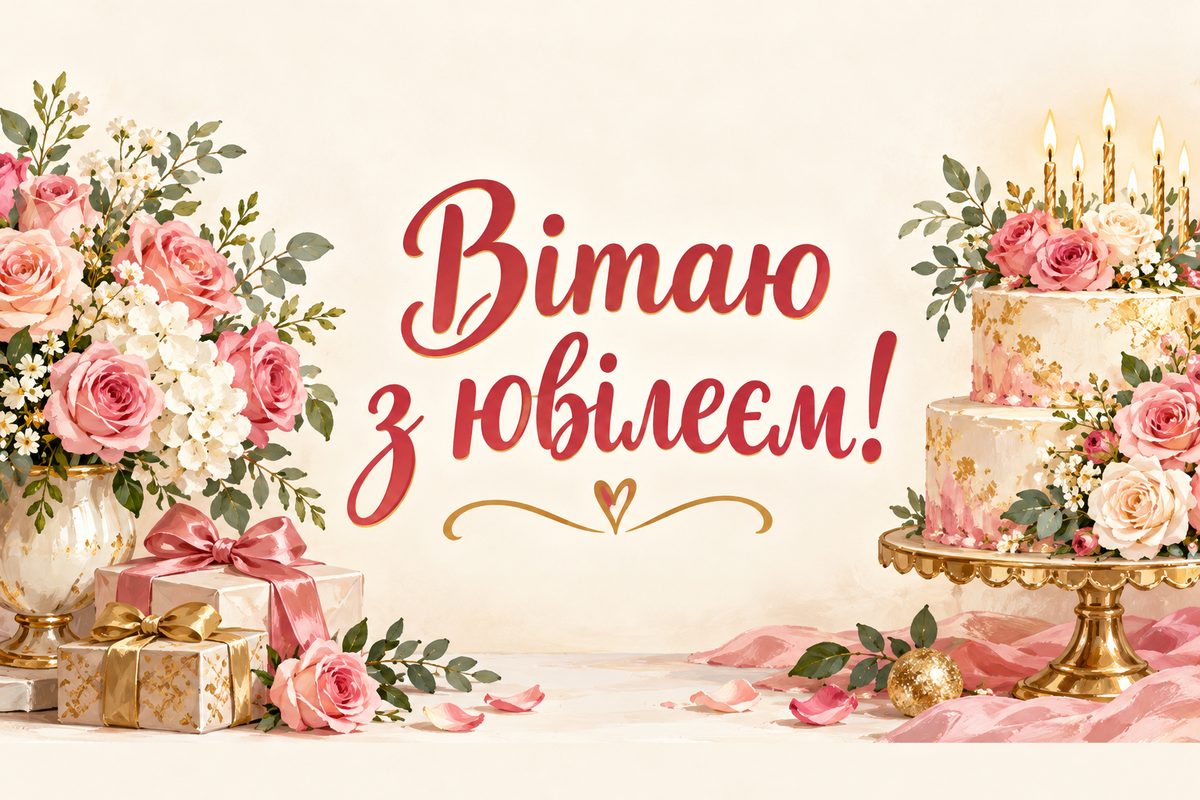 Листівка з ювілеєм жінці: ярусний торт зі свіжими квітами й свічками, напис «Вітаю з ювілеєм!»