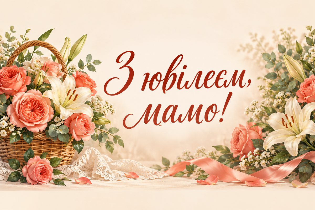 Листівка з ювілеєм жінці: кошик садових троянд і лілій, напис «З ювілеєм, мамо!»