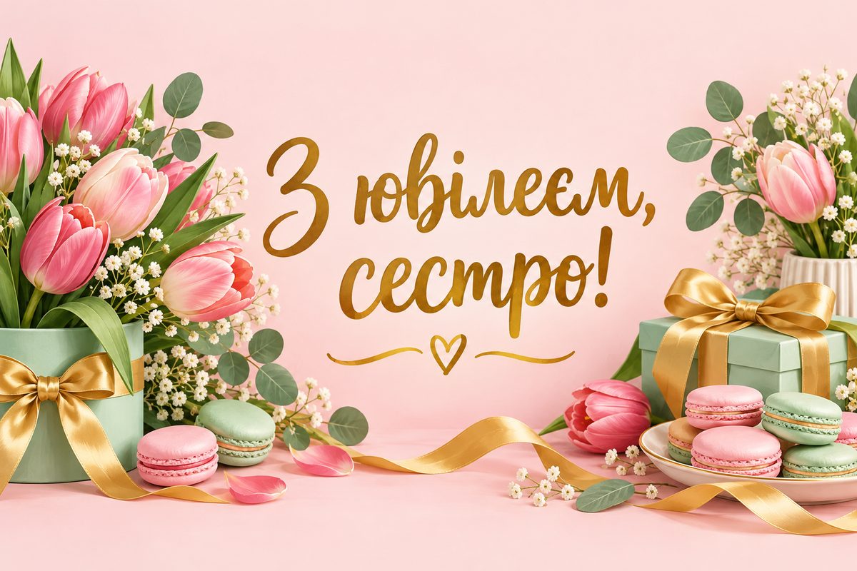 Листівка з ювілеєм жінці: тюльпани й макаруни із золотим бантом, напис «З ювілеєм, сестро!»