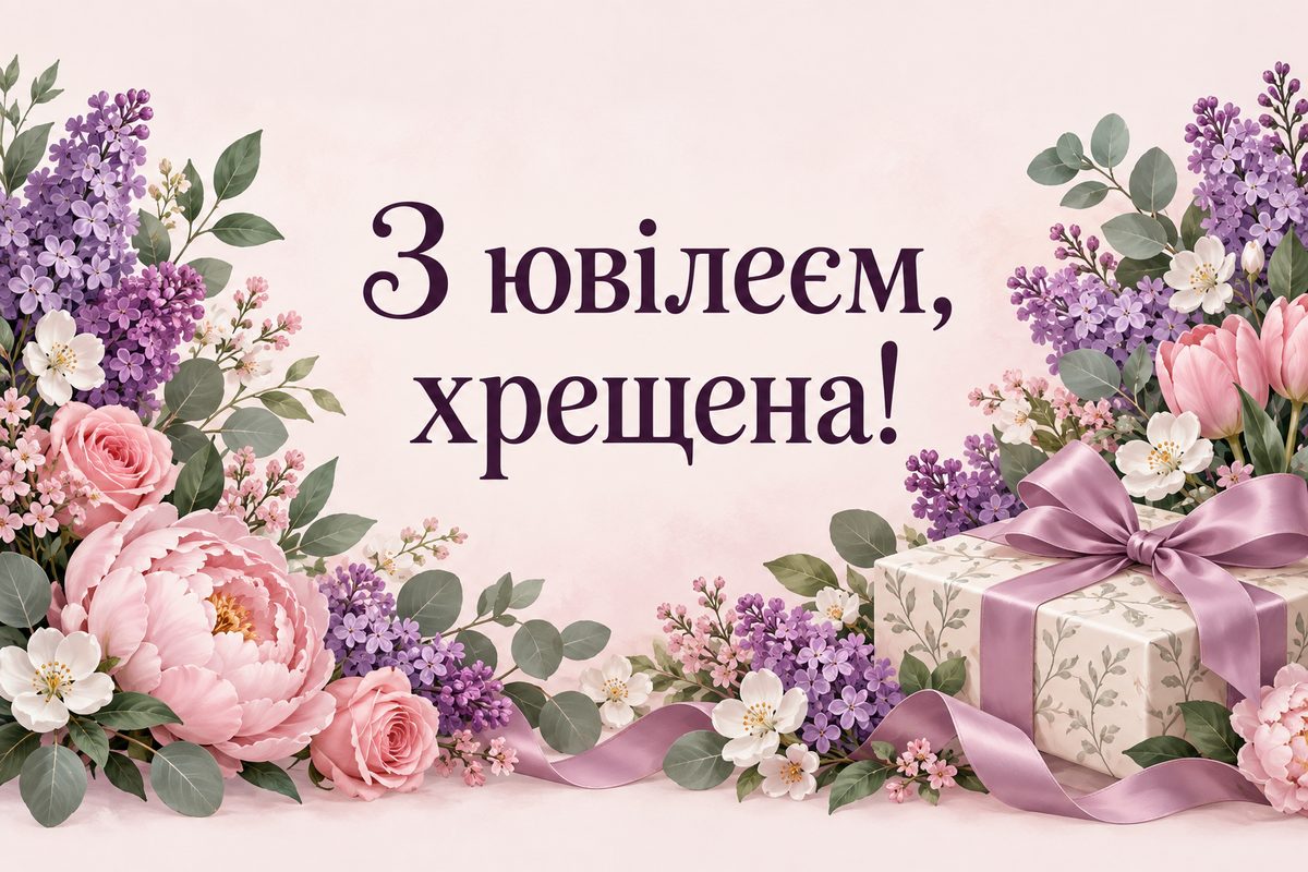 Листівка з ювілеєм жінці: вінок весняних квітів довкола подарунка, напис «З ювілеєм, хрещена!»