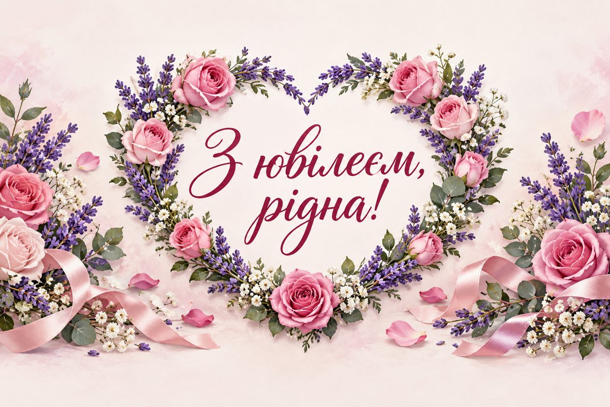 Листівка з ювілеєм жінці: серце-вінок із троянд і лаванди, напис «З ювілеєм, рідна!»