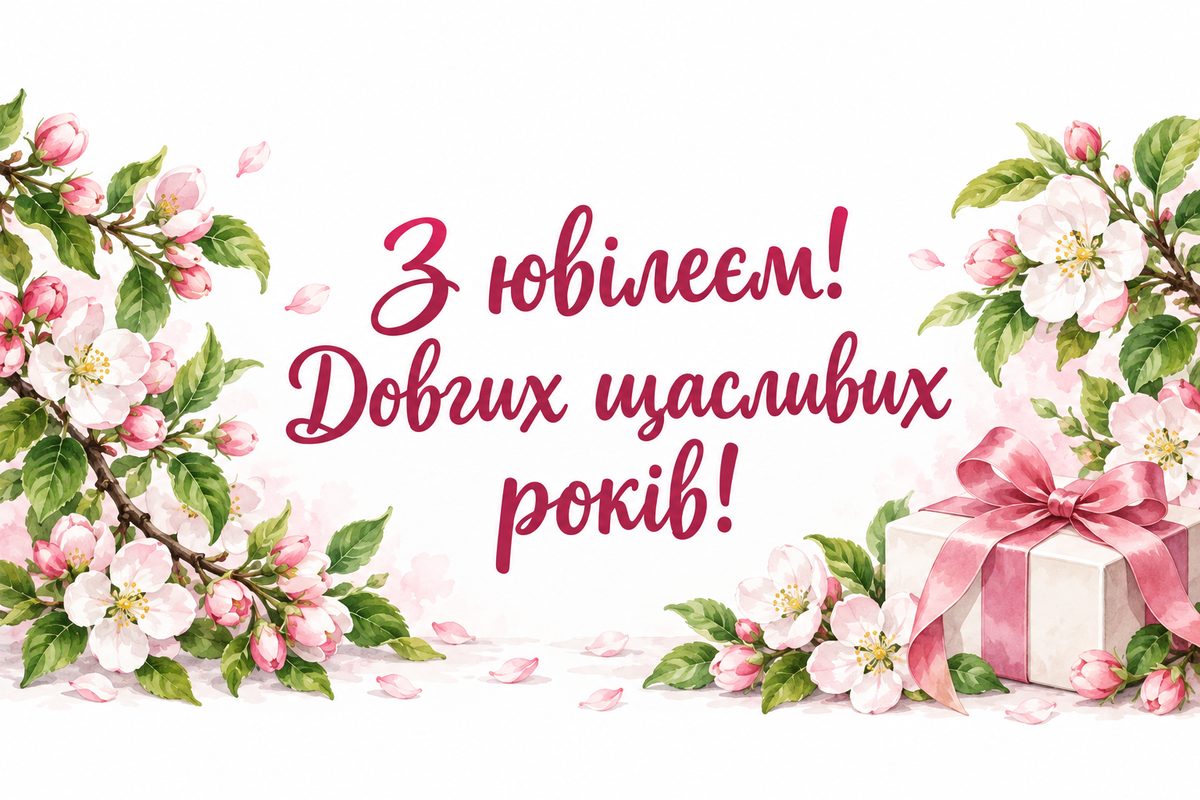 Листівка з ювілеєм жінці: квітуча яблунева гілка й подарунок, напис «З ювілеєм! Довгих щасливих років!»
