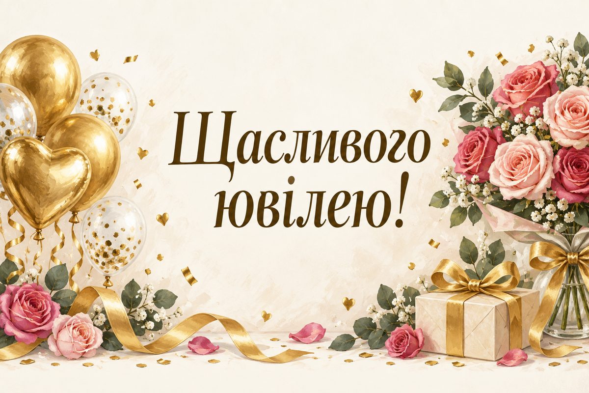 Листівка з ювілеєм жінці: золоті кульки, конфеті й троянди, напис «Щасливого ювілею!»