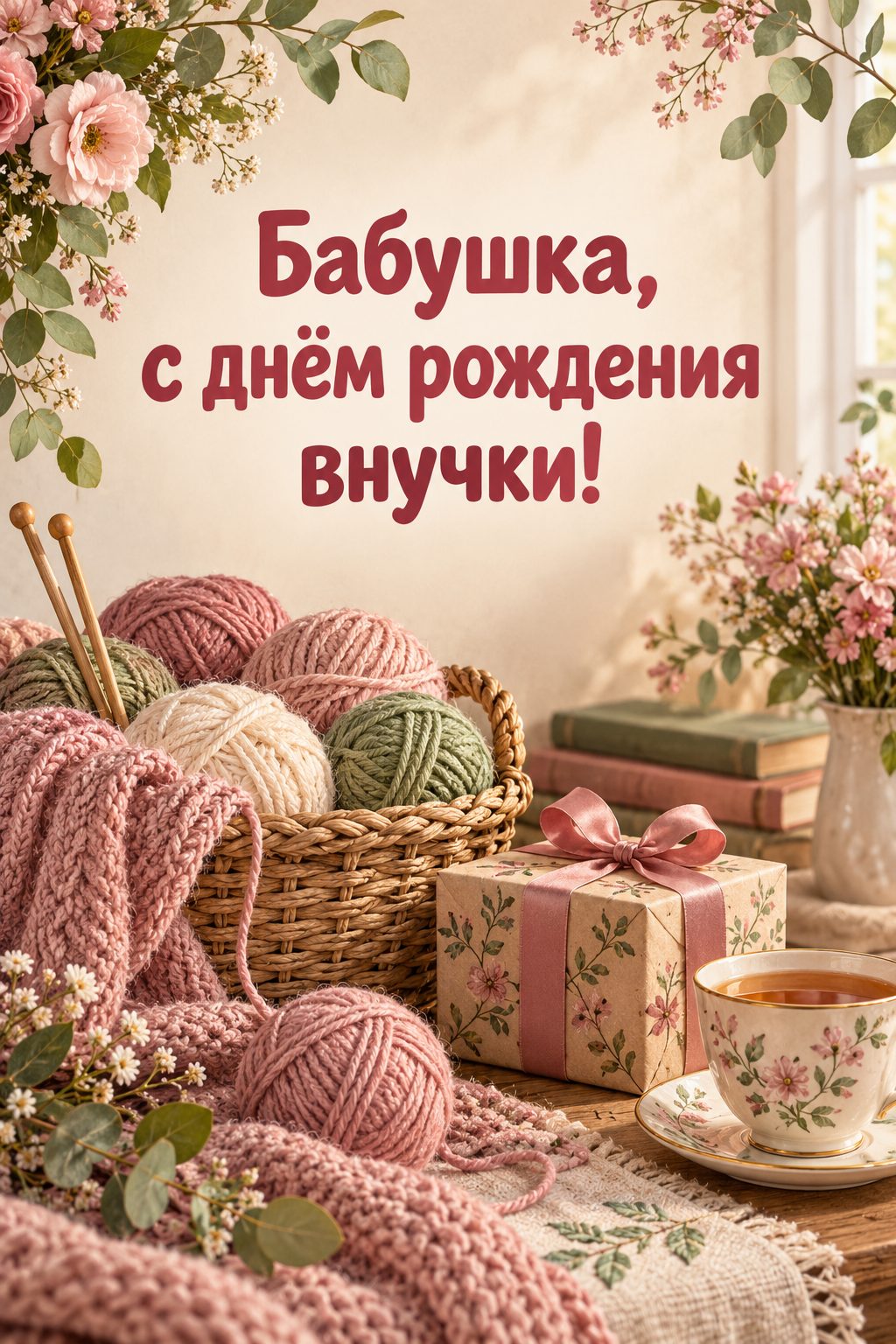 Открытка бабушке с днём рождения внучки: корзина пряжи для вязания, подарок с бантом и чашка чая, надпись «Бабушка, с днём рождения внучки!»