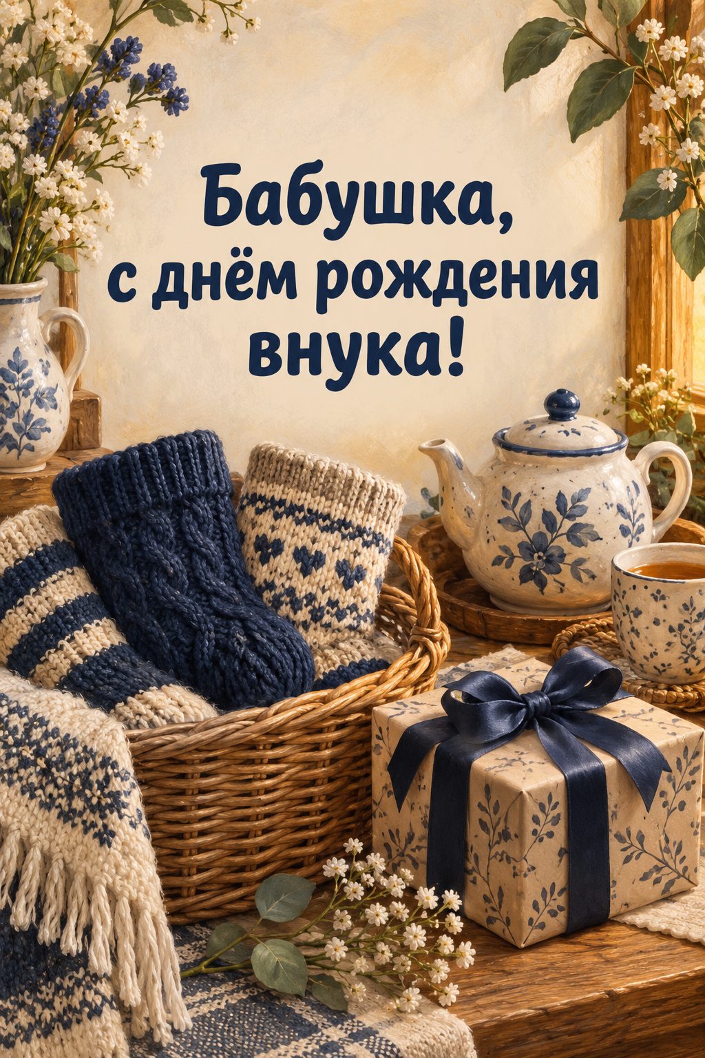 Открытка бабушке с днём рождения внучки: корзина вязаных носков, подарок с синей лентой и чайник, надпись «Бабушка, с днём рождения внука!»