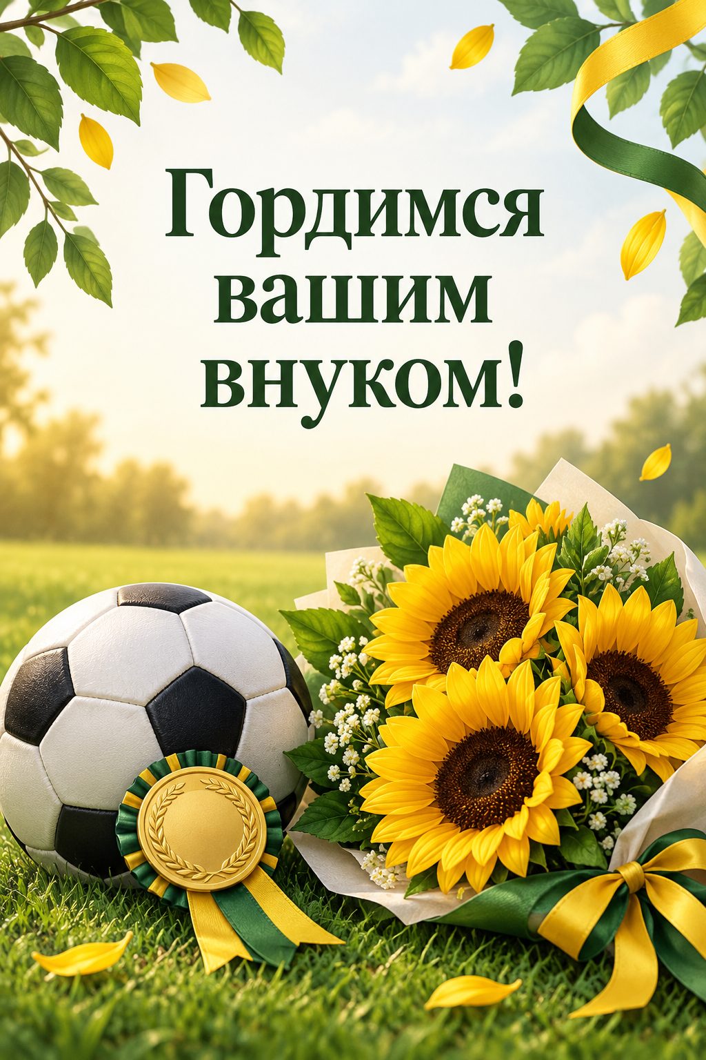 Открытка бабушке с днём рождения внучки: футбольный мяч, медаль на ленте и букет подсолнухов, надпись «Гордимся вашим внуком!»