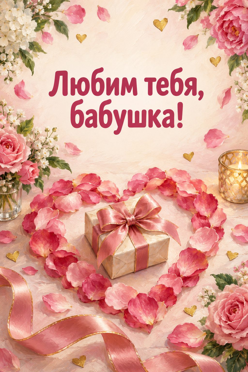 Открытка бабушке с днём рождения внучки: сердце из лепестков вокруг маленькой коробки с лентой, надпись «Любим тебя, бабушка!»