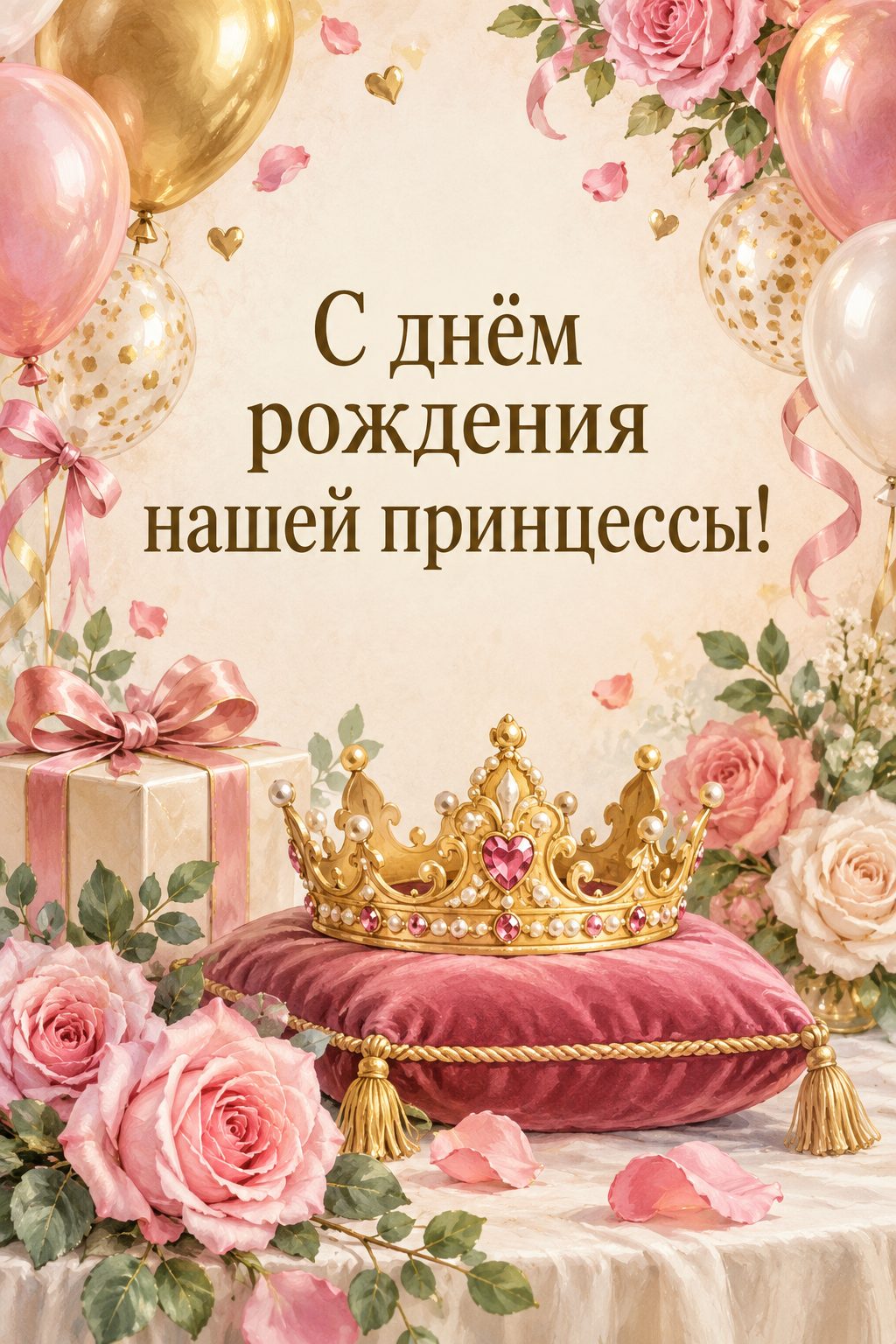 Открытка бабушке с днём рождения внучки: золотая корона на бархатной подушке среди роз и шаров, надпись «С днём рождения нашей принцессы!»