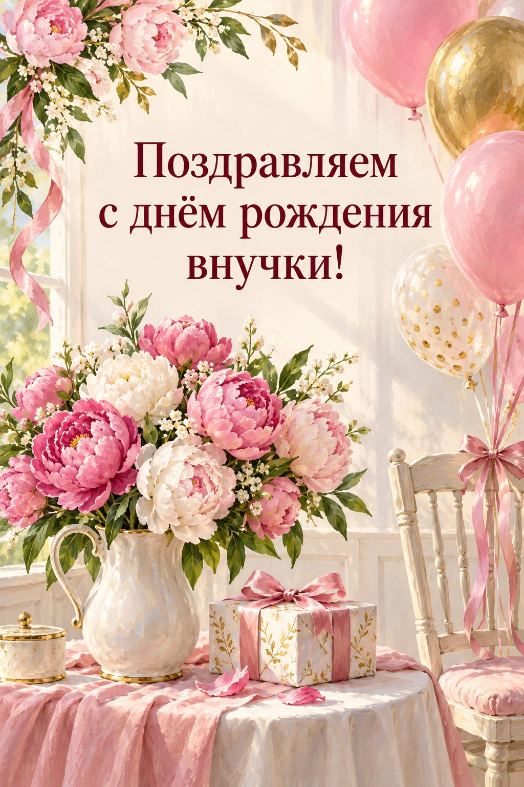Открытка бабушке с днём рождения внучки: букет пионов в кувшине и розовые шары у стула, надпись «Поздравляем с днём рождения внучки!»