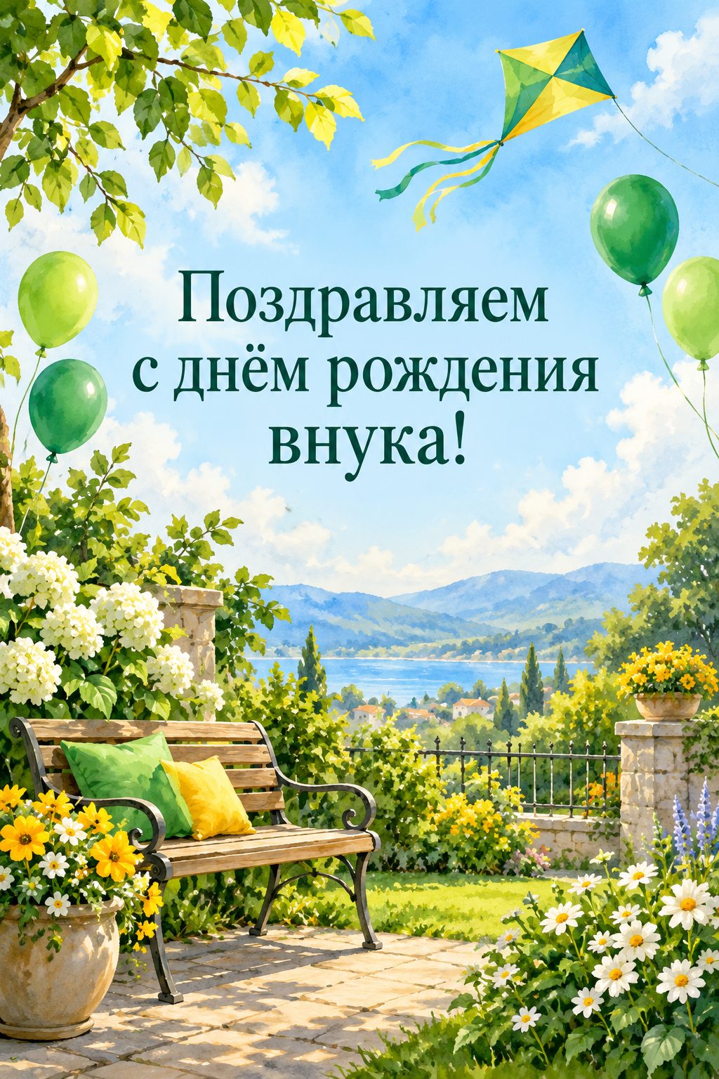 Открытка бабушке с днём рождения внучки: воздушный змей и зелёные шары над солнечным садом, надпись «Поздравляем с днём рождения внука!»
