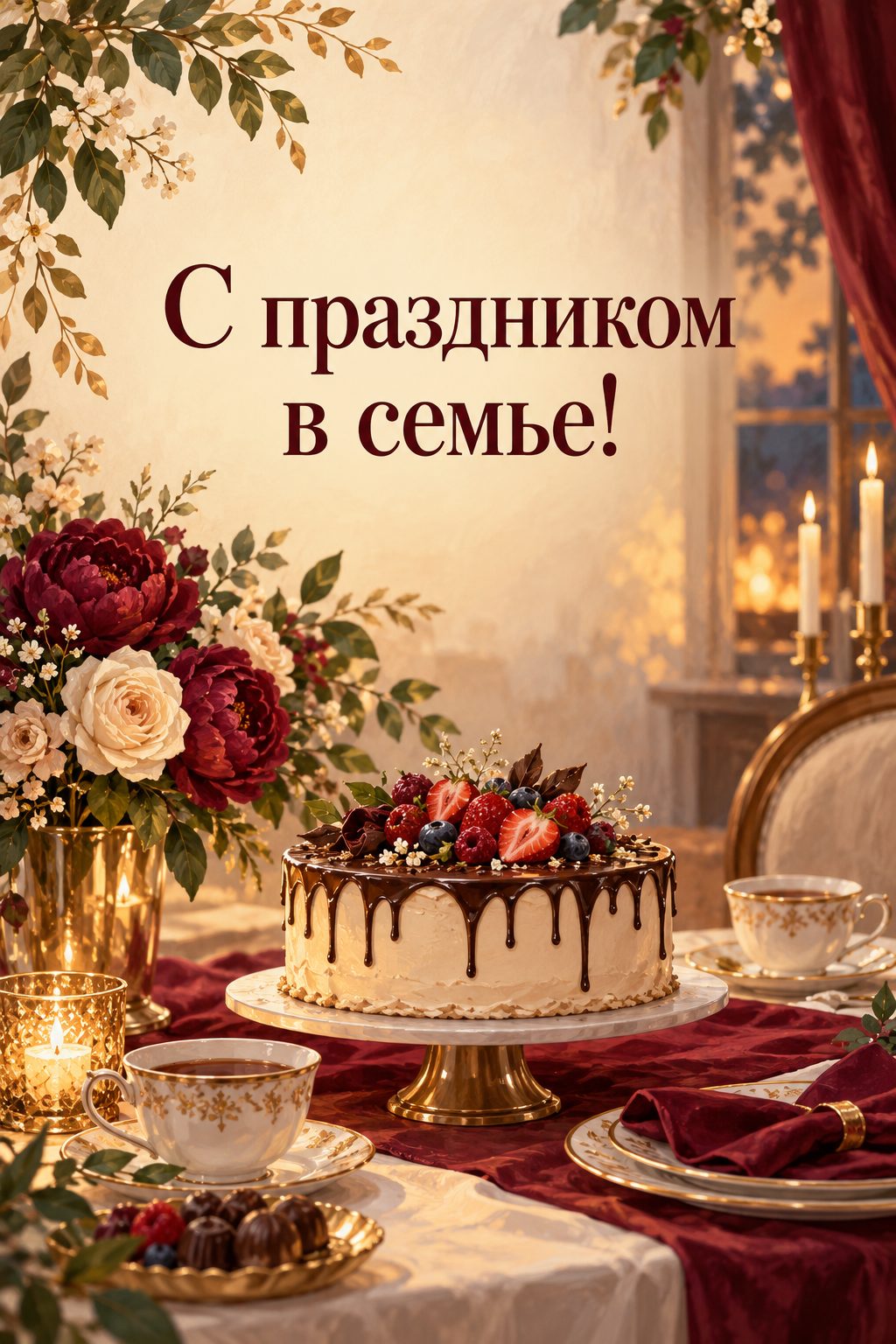 Открытка бабушке с днём рождения внучки: праздничный стол с тортом, чашками и цветами в тёплом вечернем свете, надпись «С праздником в семье!»