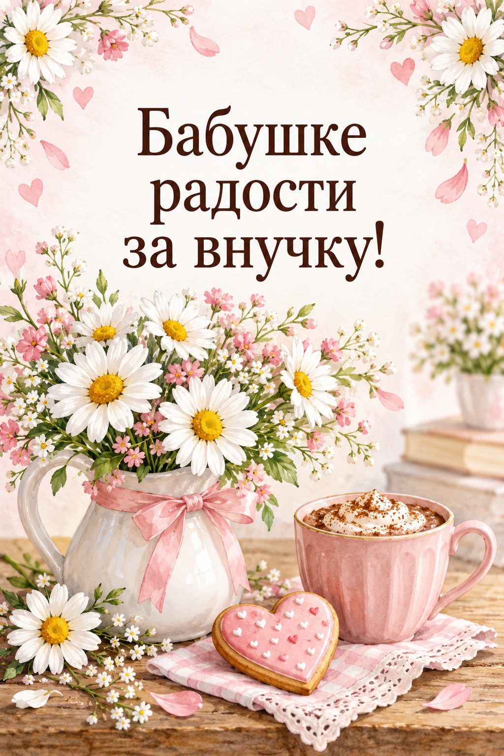 Открытка бабушке с днём рождения внучки: ромашки в вазе, печенье-сердце и чашка какао, надпись «Бабушке радости за внучку!»