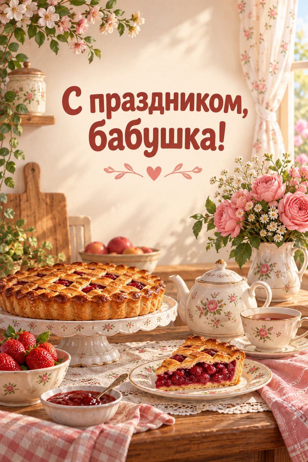 Открытка бабушке с днём рождения внучки: кухонный стол с домашними пирогами, чайником и цветами, надпись «С праздником, бабушка!»