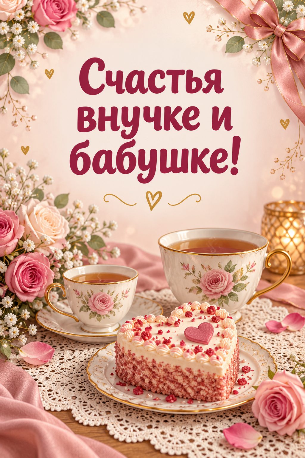 Открытка бабушке с днём рождения внучки: две чашки, маленькая и большая, и торт-сердце на кружевной салфетке, надпись «Счастья внучке и бабушке!»