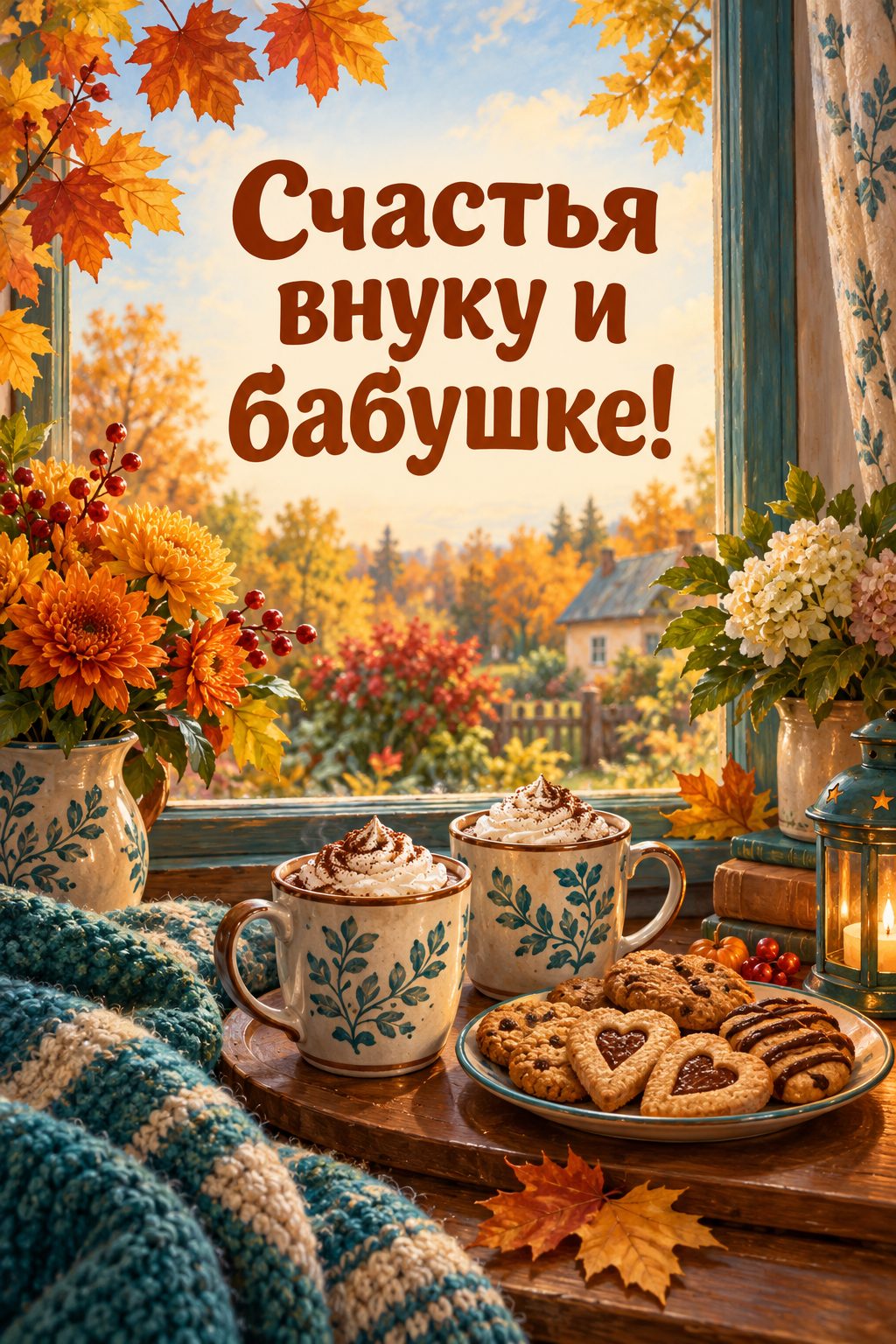 Открытка бабушке с днём рождения внучки: две кружки какао и печенье у окна с осенним садом, надпись «Счастья внуку и бабушке!»