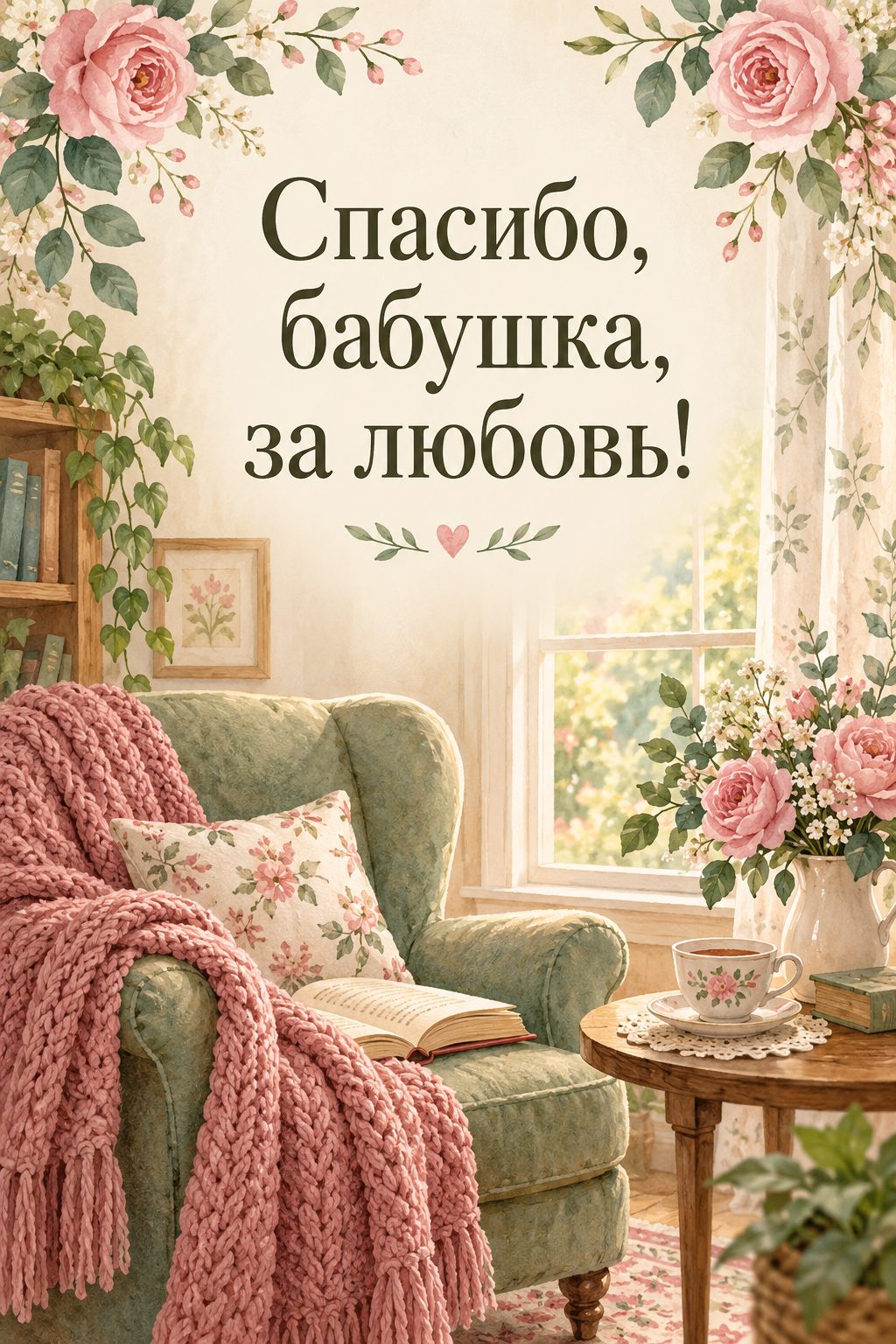 Открытка бабушке с днём рождения внучки: кресло с вязаным пледом, книгой и чашкой чая у окна, надпись «Спасибо, бабушка, за любовь!»