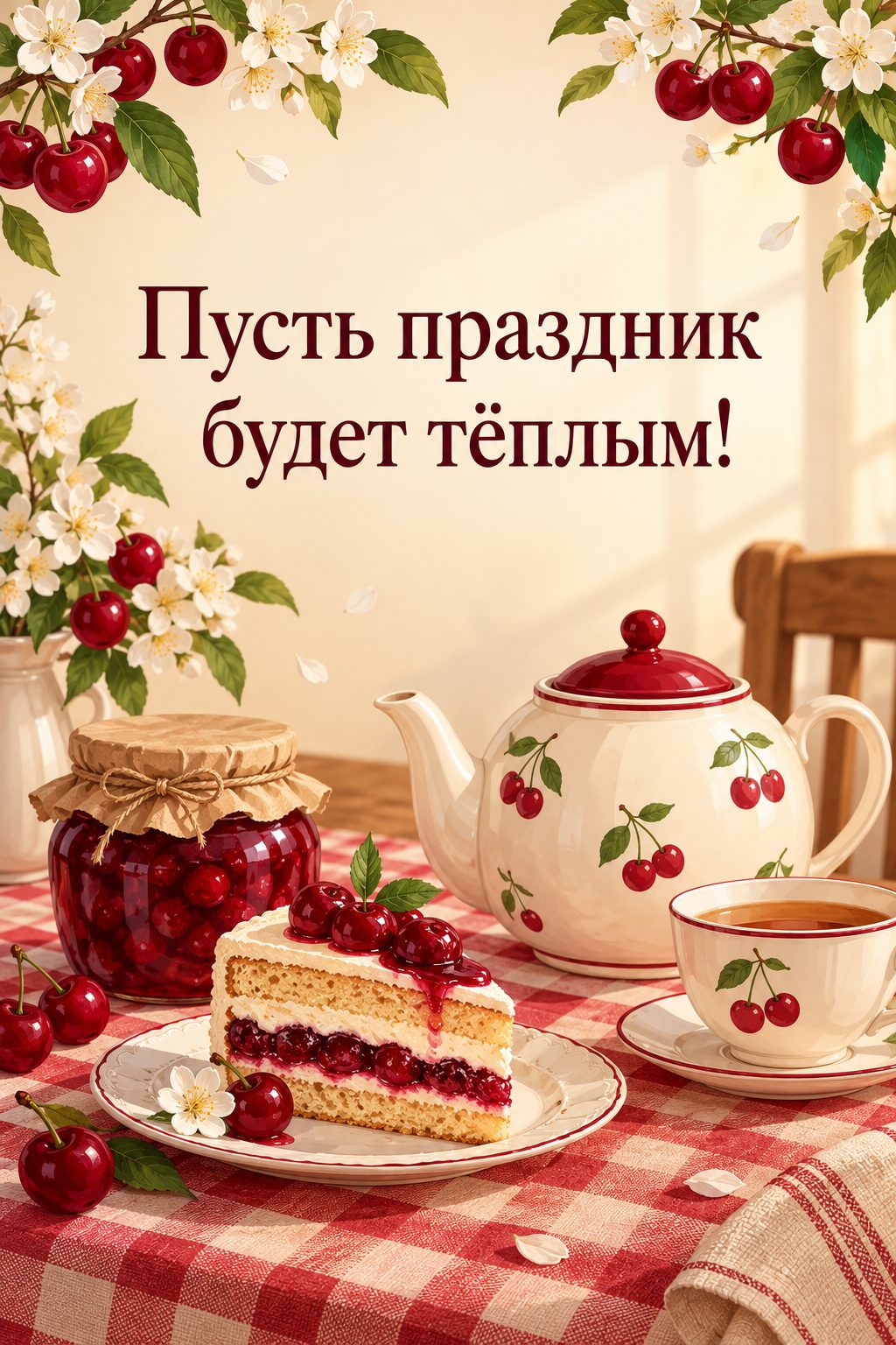 Открытка бабушке с днём рождения внучки: чайник, банка варенья и кусок торта на клетчатой скатерти, надпись «Пусть праздник будет тёплым!»