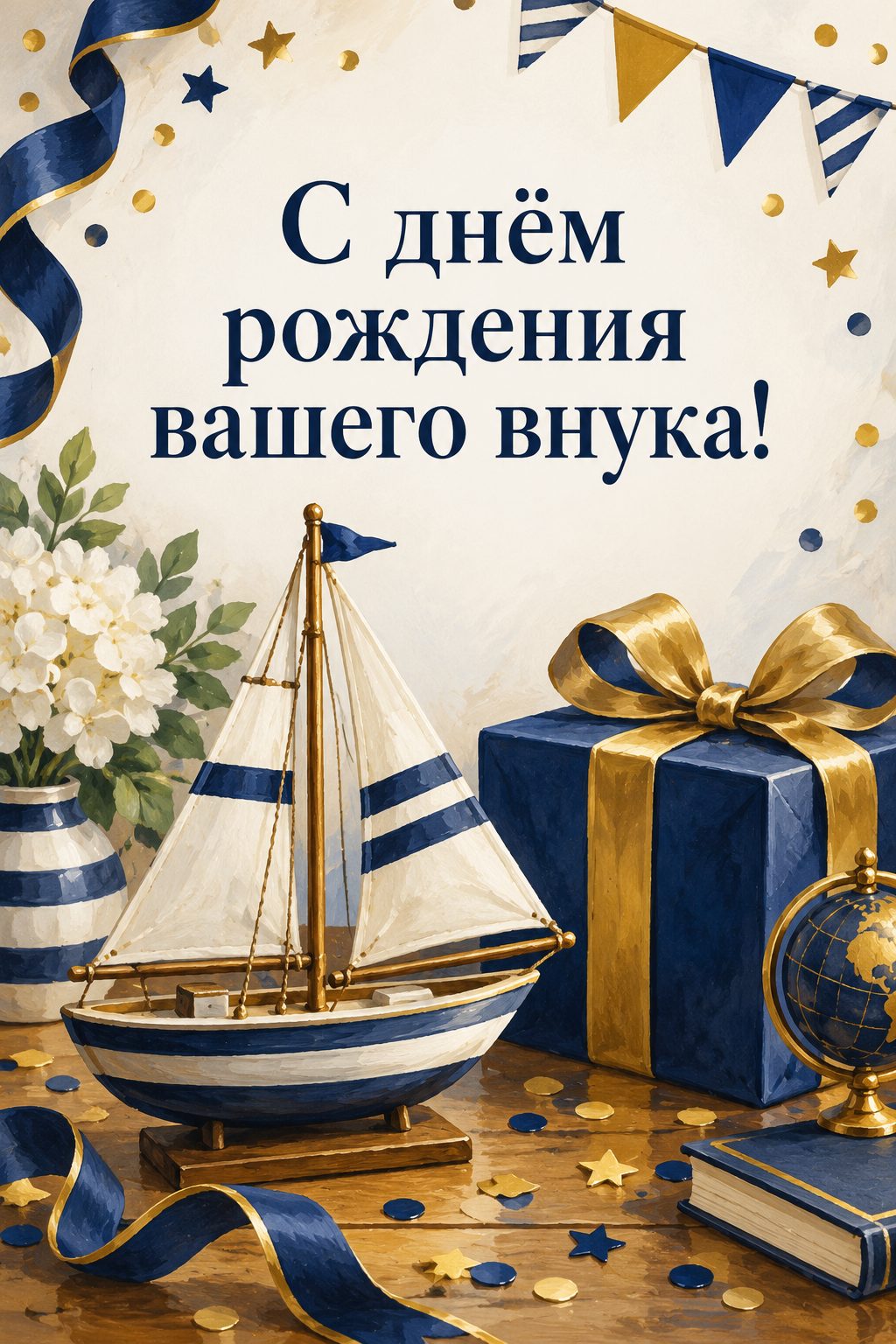 Открытка бабушке с днём рождения внучки: игрушечный парусник, синяя коробка с подарком и конфетти, надпись «С днём рождения вашего внука!»