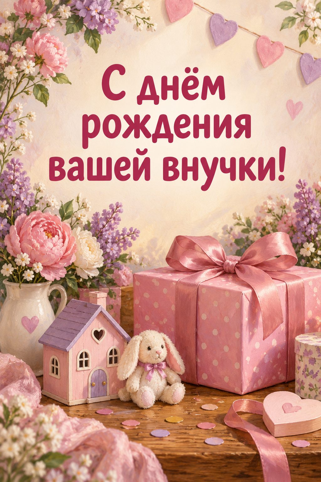 Открытка бабушке с днём рождения внучки: розовая подарочная коробка, кукольный домик и конфетти, надпись «С днём рождения вашей внучки!»