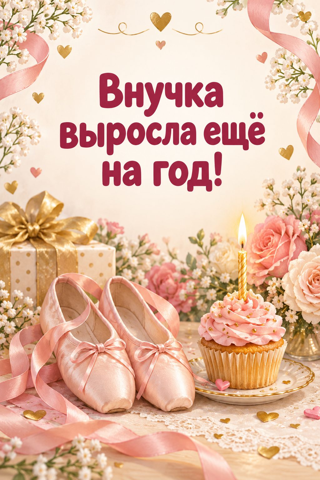 Открытка бабушке с днём рождения внучки: маленькие балетки рядом с капкейком со свечой и цветами, надпись «Внучка выросла ещё на год!»
