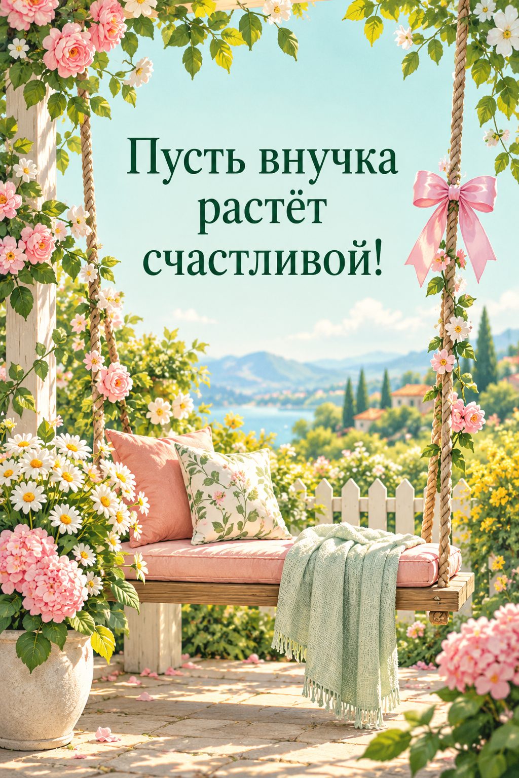 Открытка бабушке с днём рождения внучки: садовые качели среди цветов с розовым бантом, надпись «Пусть внучка растёт счастливой!»