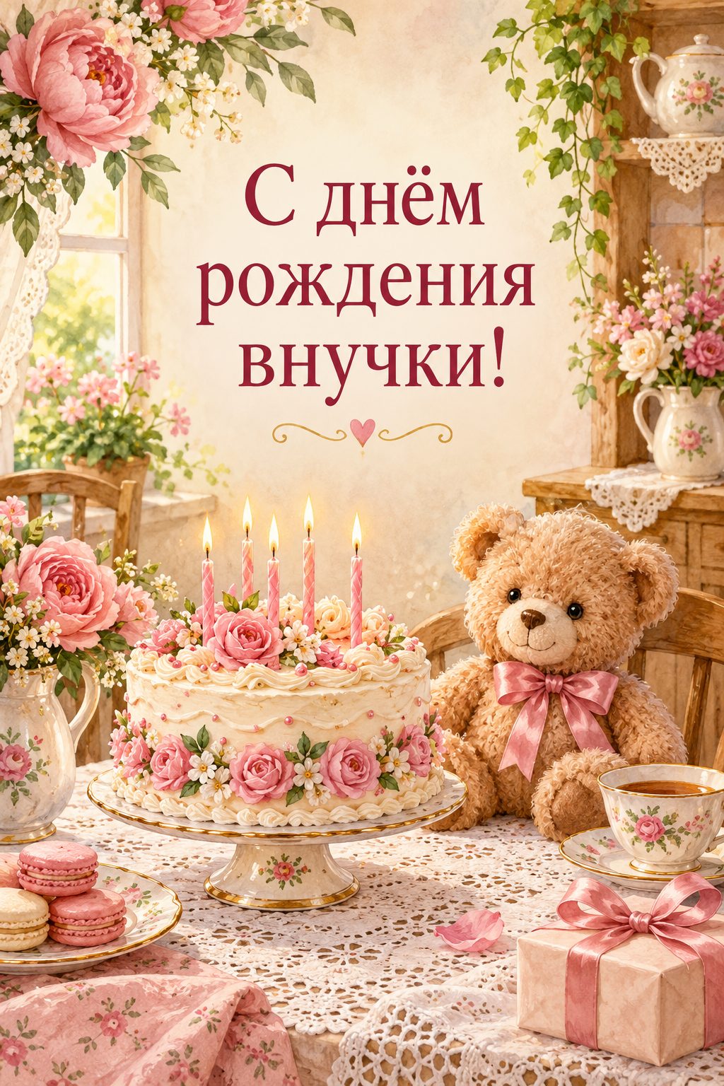 Открытка бабушке с днём рождения внучки: торт с розовыми свечами и плюшевый мишка на кружевной скатерти, надпись «С днём рождения внучки!»