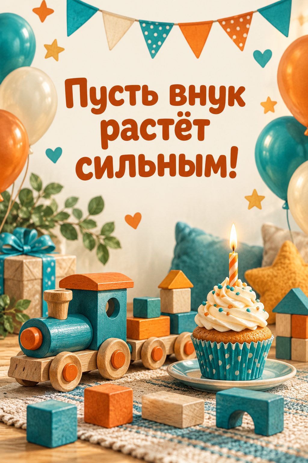 Открытка бабушке с днём рождения внучки: деревянный паровозик, кубики и капкейк, надпись «Пусть внук растёт сильным!»