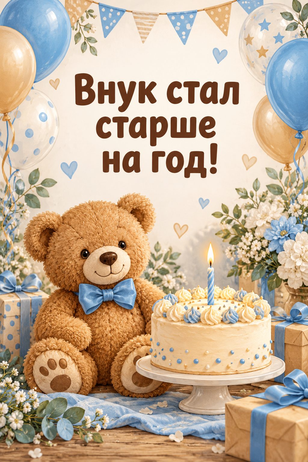 Открытка бабушке с днём рождения внучки: плюшевый мишка в бабочке рядом с тортом со свечой, надпись «Внук стал старше на год!»