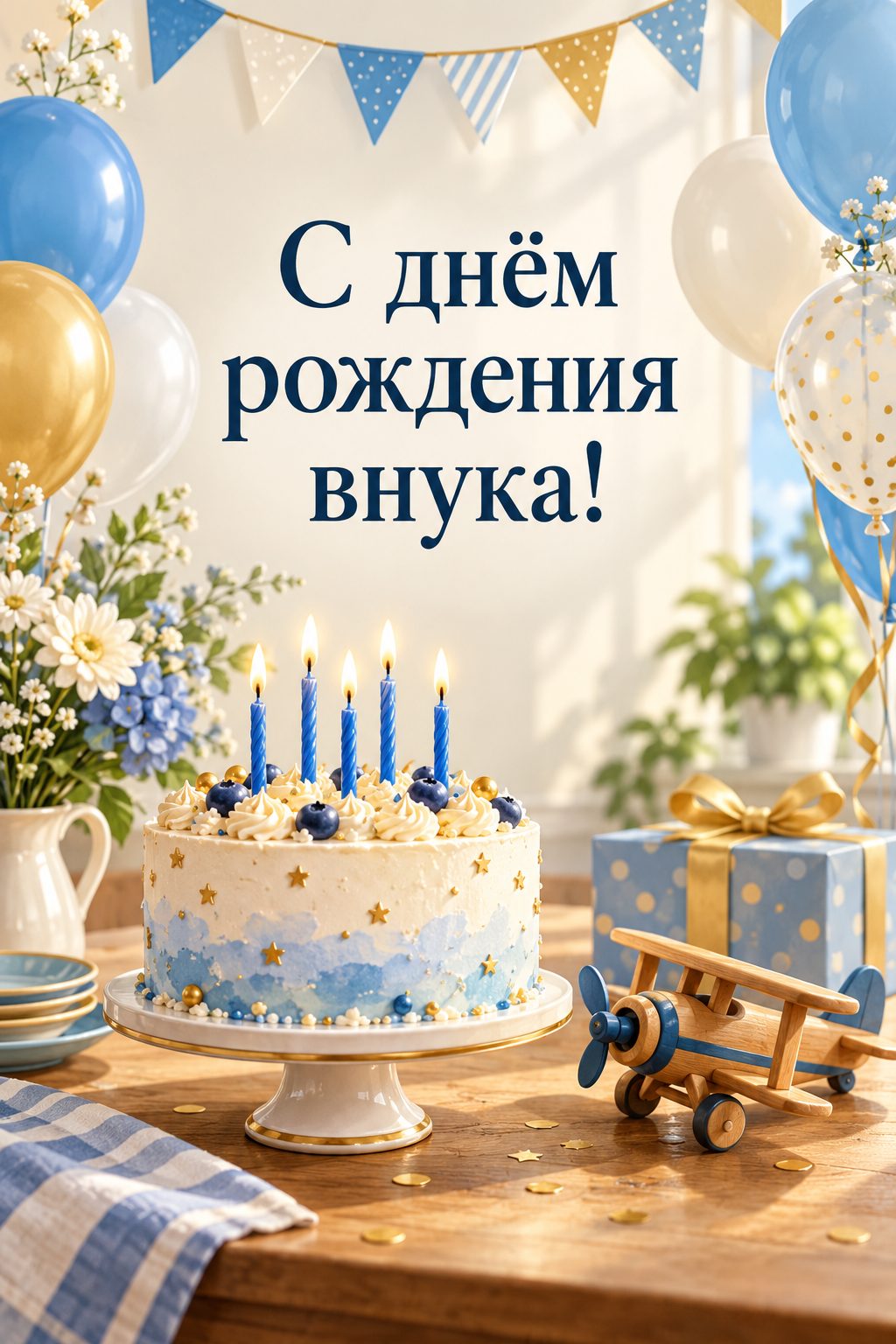 Открытка бабушке с днём рождения внучки: торт с синими свечами, деревянный самолётик и шары, надпись «С днём рождения внука!»