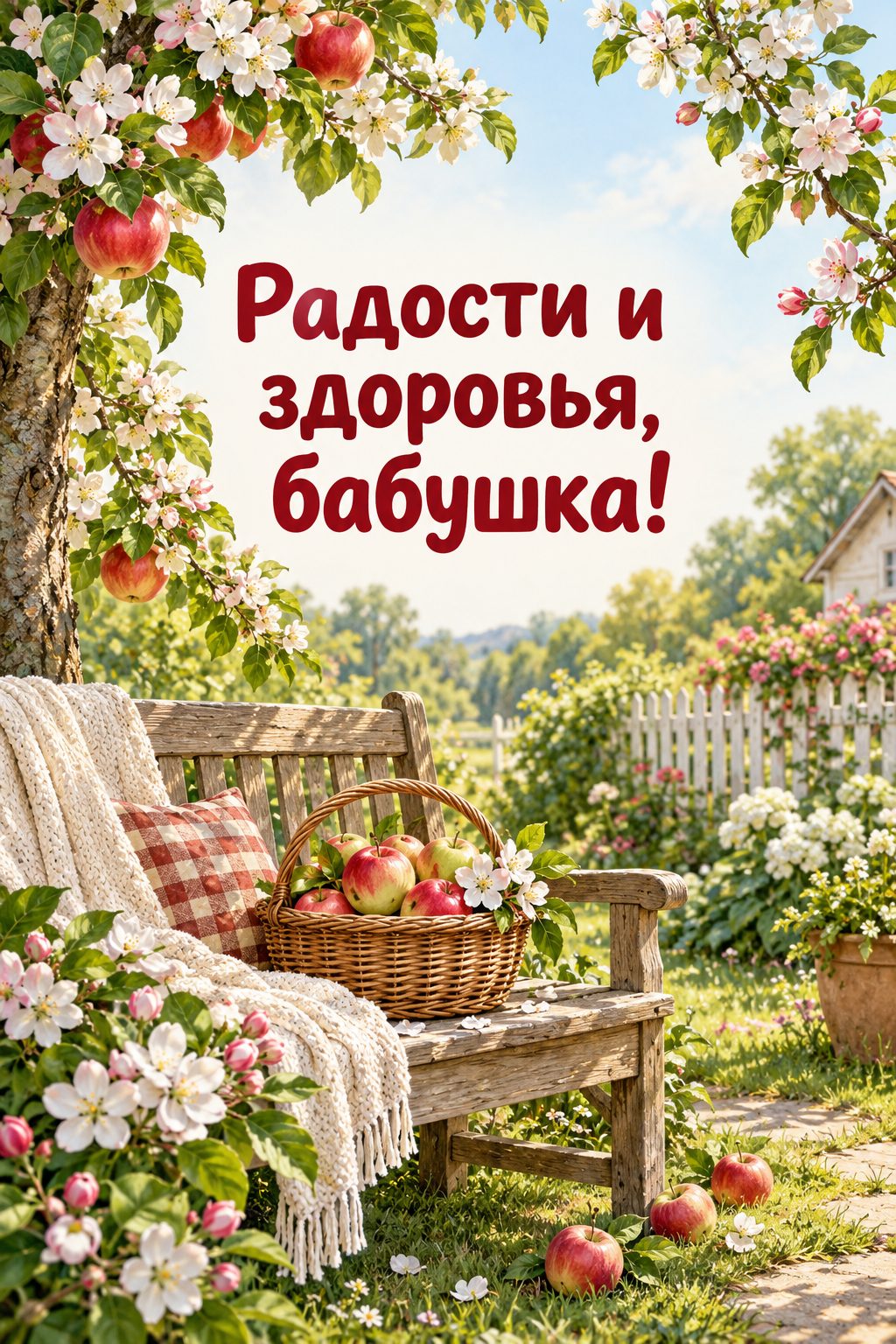 Открытка бабушке с днём рождения внучки: цветущая яблоня, скамейка и корзина яблок, надпись «Радости и здоровья, бабушка!»