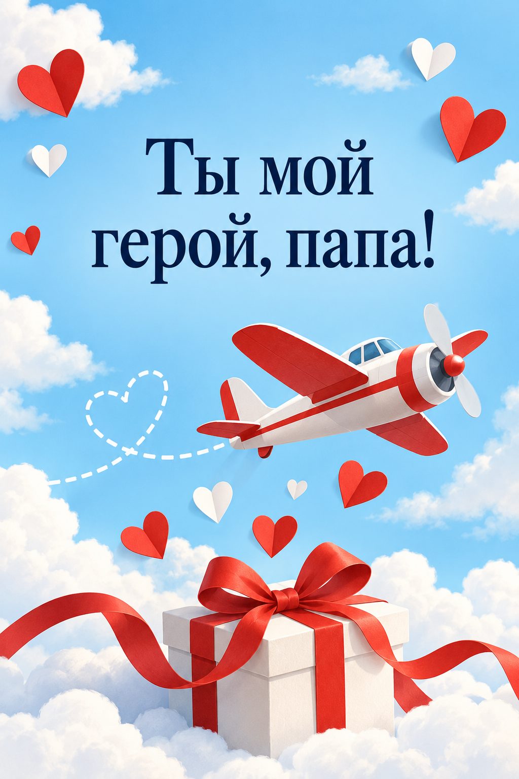 Открытка папе с днём рождения от дочери: игрушечный самолётик среди бумажных сердец над подарком, надпись «Ты мой герой, папа!»