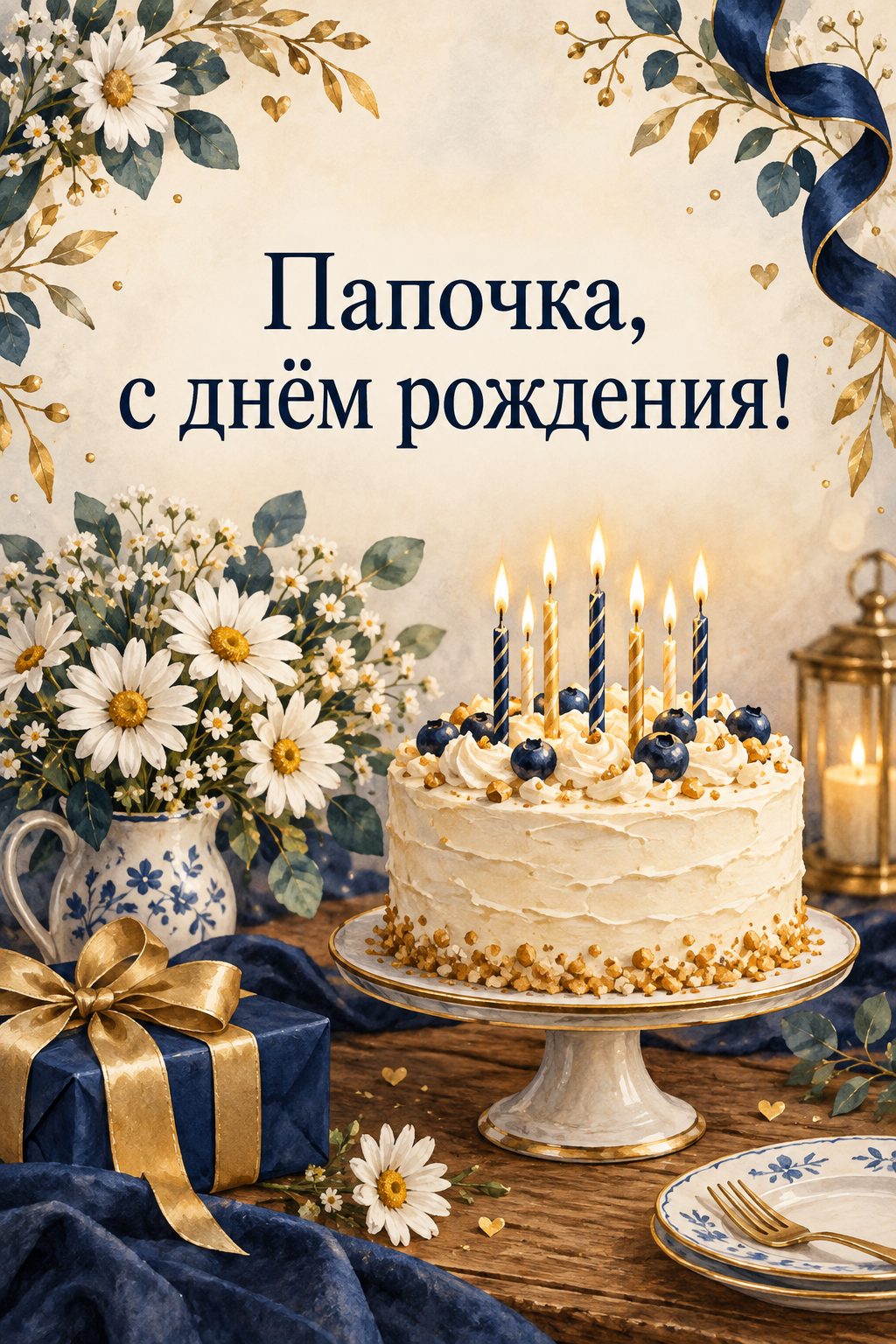 Открытка папе с днём рождения от дочери: торт со свечами и букет ромашек на деревянном столе, надпись «Папочка, с днём рождения!»