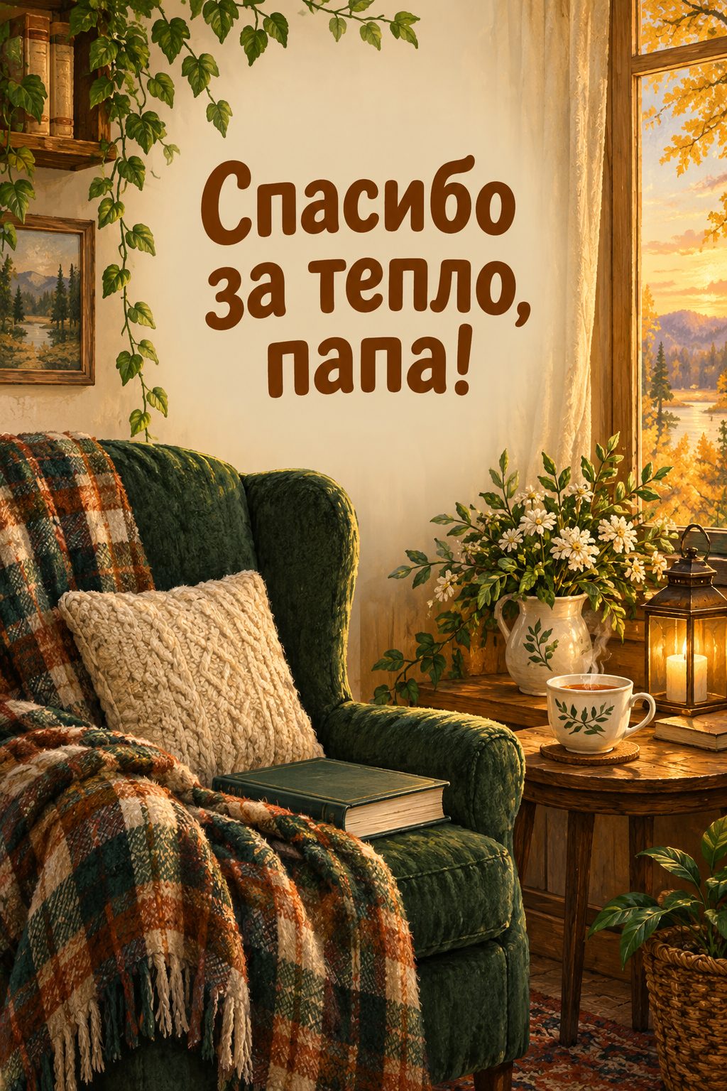 Открытка папе с днём рождения от дочери: кресло с клетчатым пледом, книгой и чаем у окна, надпись «Спасибо за тепло, папа!»