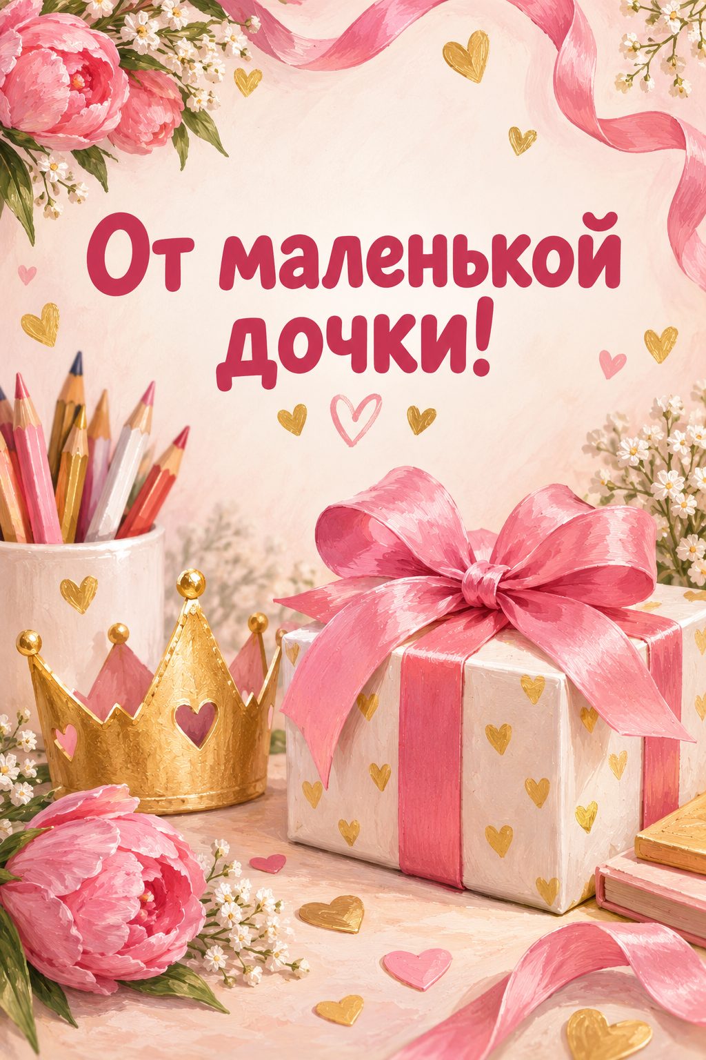 Открытка папе с днём рождения от дочери: розовый бант на подарке, бумажная корона и карандаши, надпись «От маленькой дочки!»