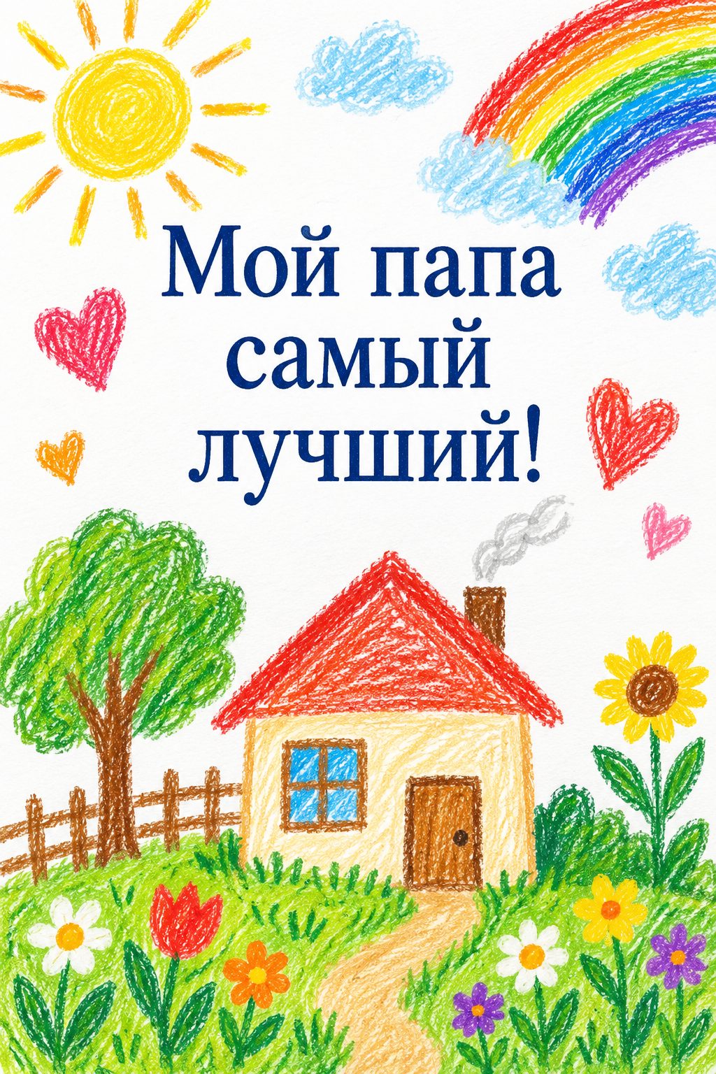 Открытка папе с днём рождения от дочери: детский рисунок мелками: дом, солнце, цветы и сердце, надпись «Мой папа самый лучший!»