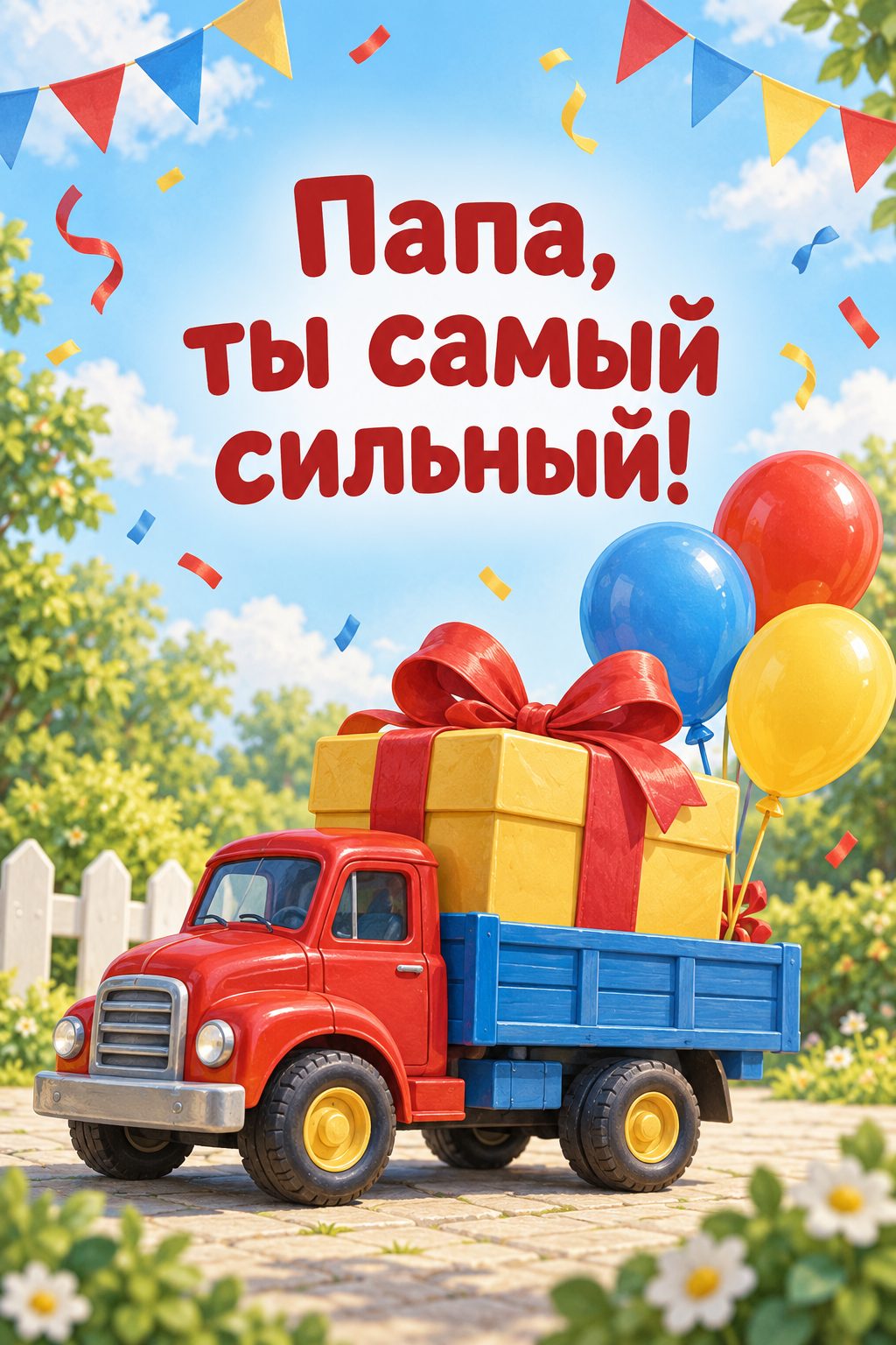 Открытка папе с днём рождения от дочери: игрушечный грузовик везёт большой подарок с шарами, надпись «Папа, ты самый сильный!»