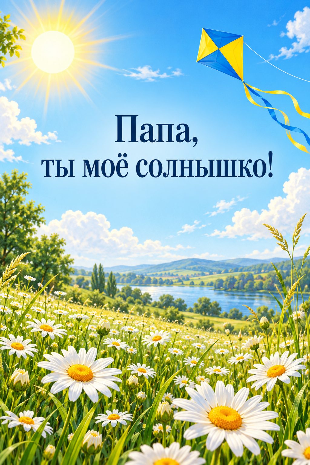 Открытка папе с днём рождения от дочери: яркое солнце над ромашковым полем и воздушный змей, надпись «Папа, ты моё солнышко!»