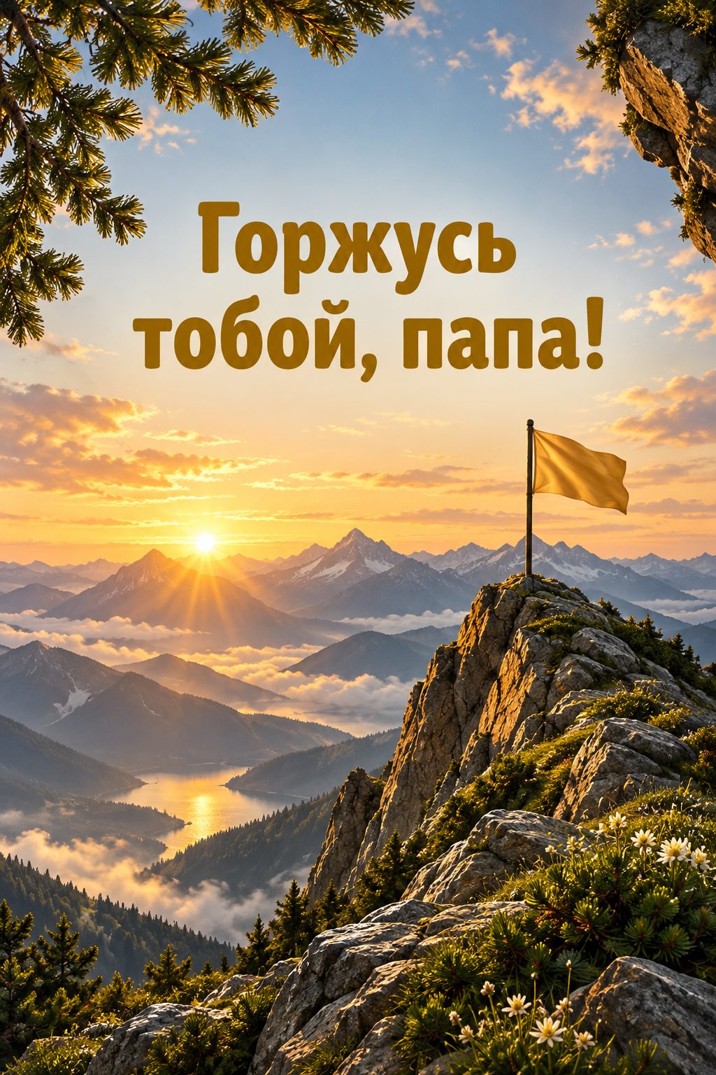 Открытка папе с днём рождения от дочери: горная вершина на рассвете с маленьким флажком, надпись «Горжусь тобой, папа!»