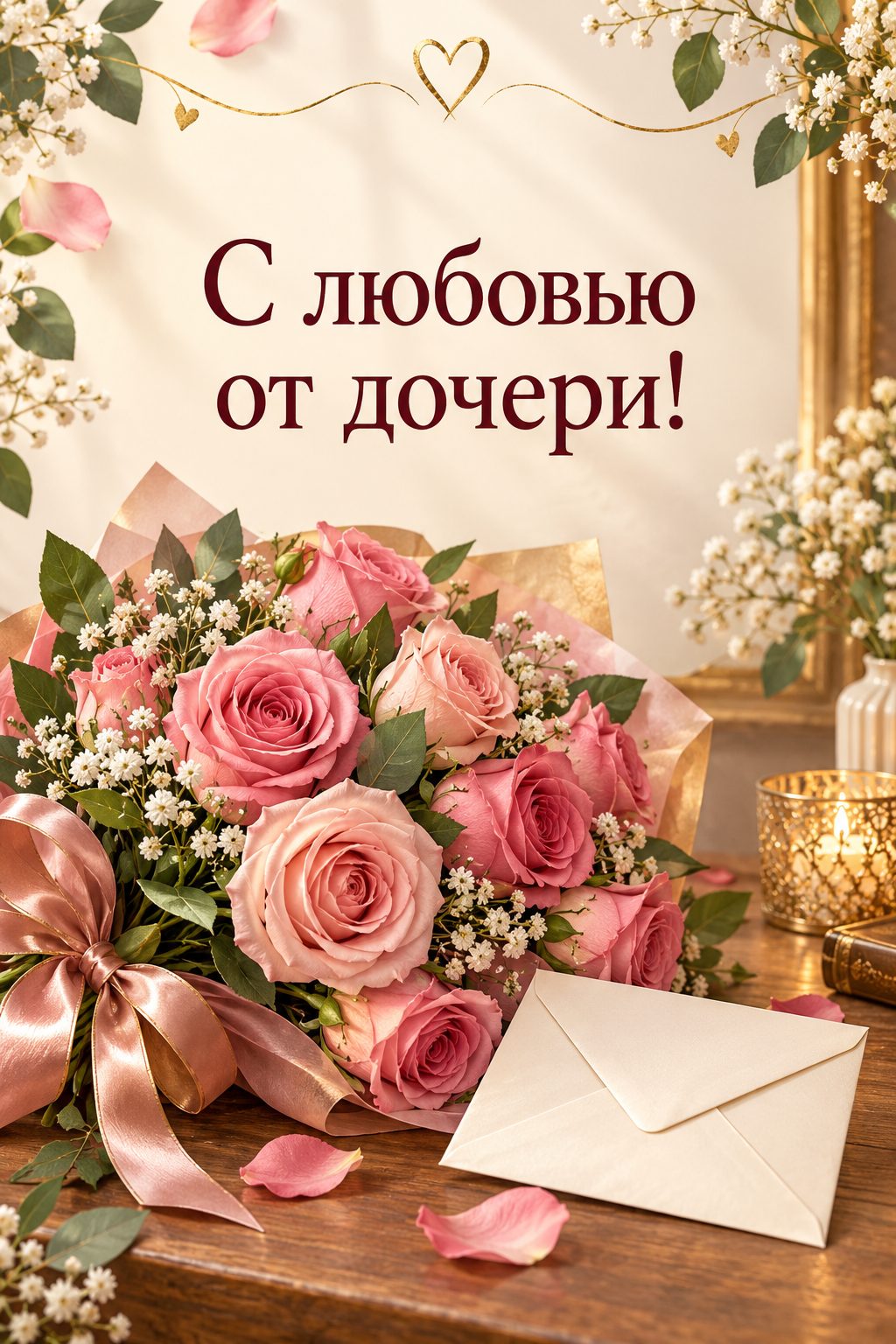 Открытка папе с днём рождения от дочери: букет роз и чистый конверт на деревянном столе, надпись «С любовью от дочери!»