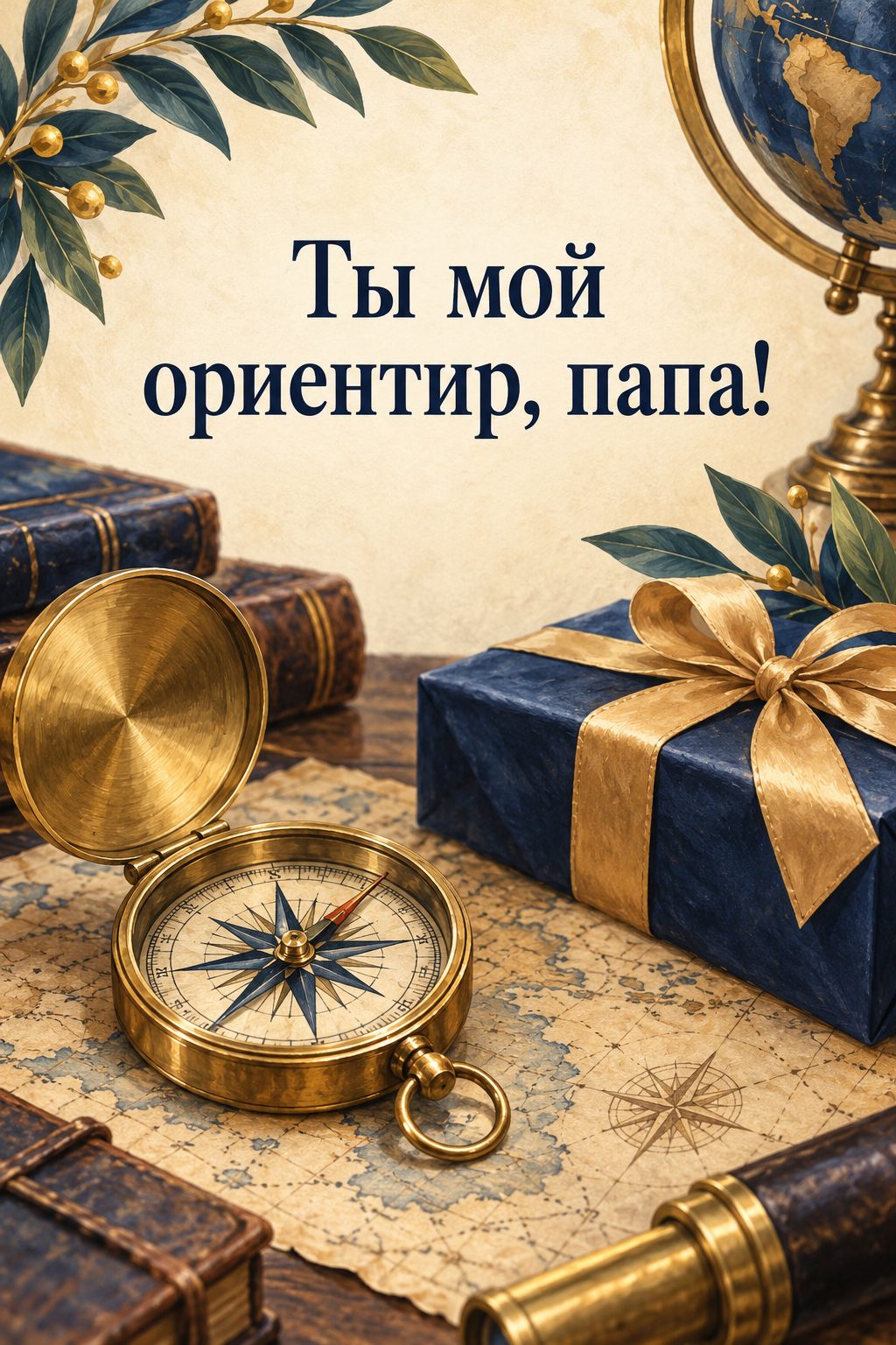 Открытка папе с днём рождения от дочери: старинный компас на карте и подарок, надпись «Ты мой ориентир, папа!»