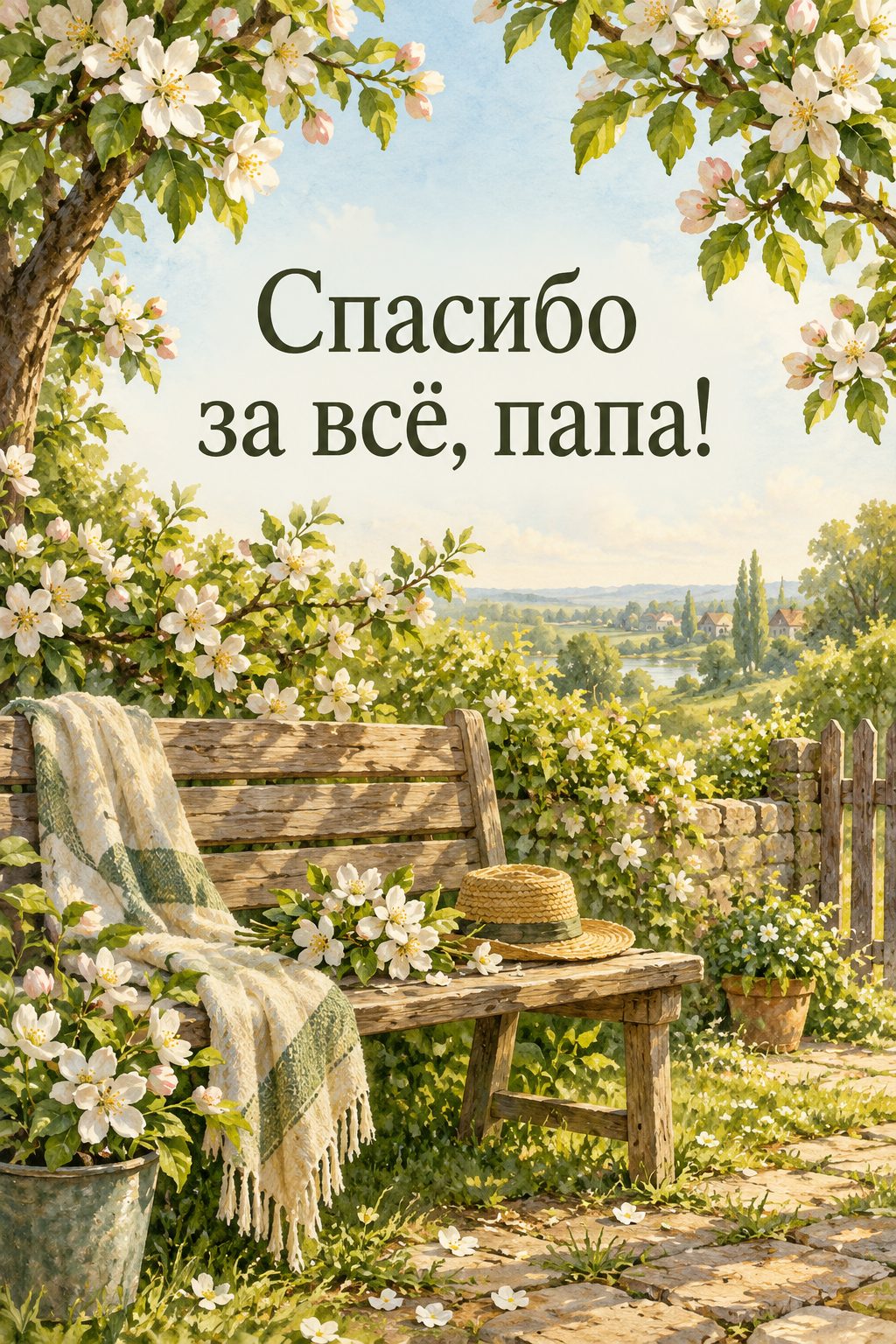 Открытка папе с днём рождения от дочери: старая скамейка под цветущими яблонями, надпись «Спасибо за всё, папа!»
