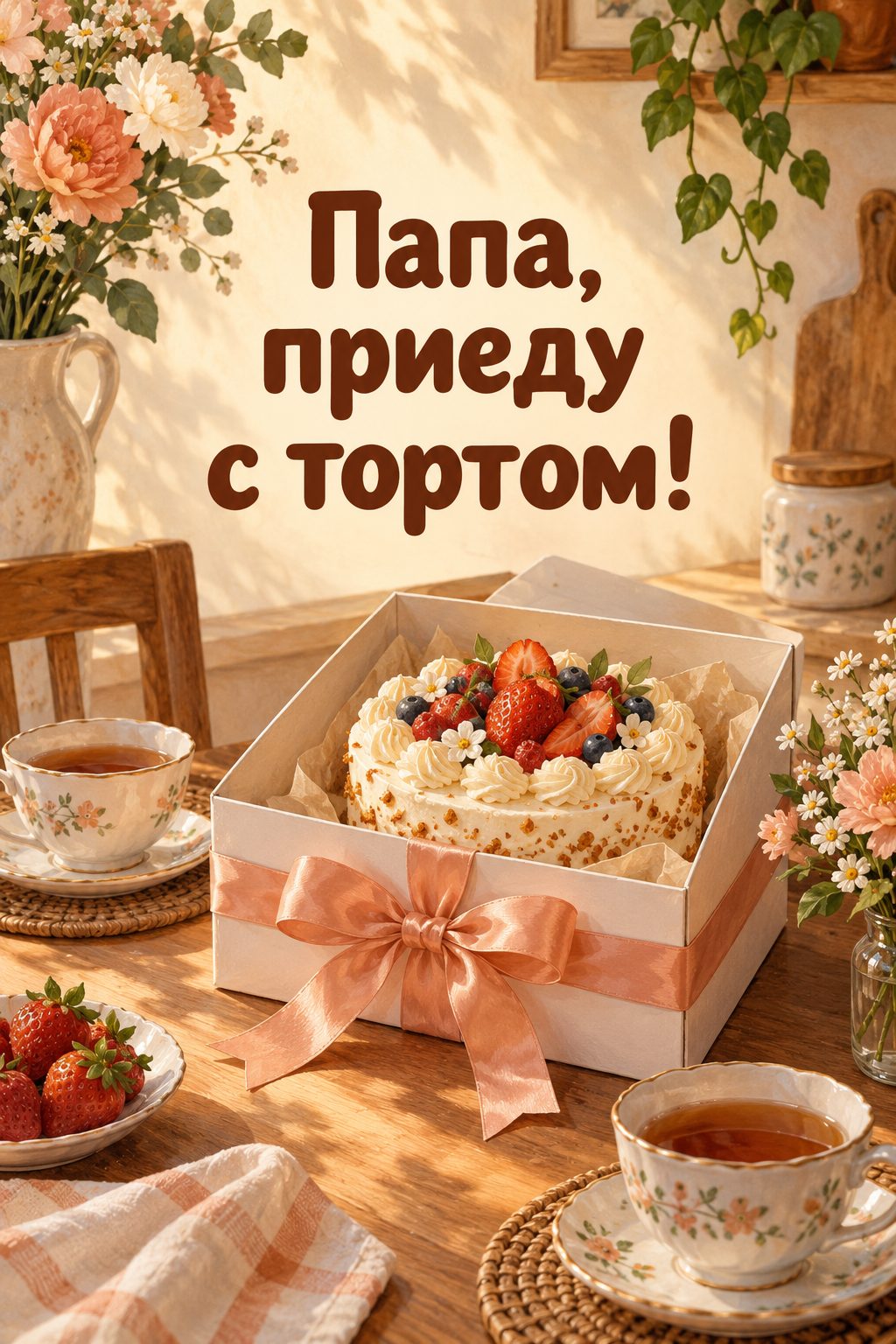 Открытка папе с днём рождения от дочери: коробка с тортом на кухонном столе и две чашки чая, надпись «Папа, приеду с тортом!»