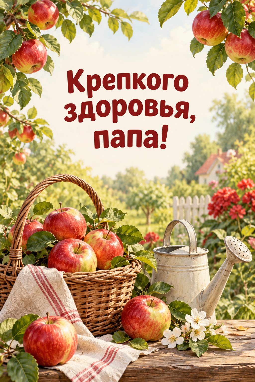Открытка папе с днём рождения от дочери: спелые яблоки в плетёной корзине и лейка, надпись «Крепкого здоровья, папа!»