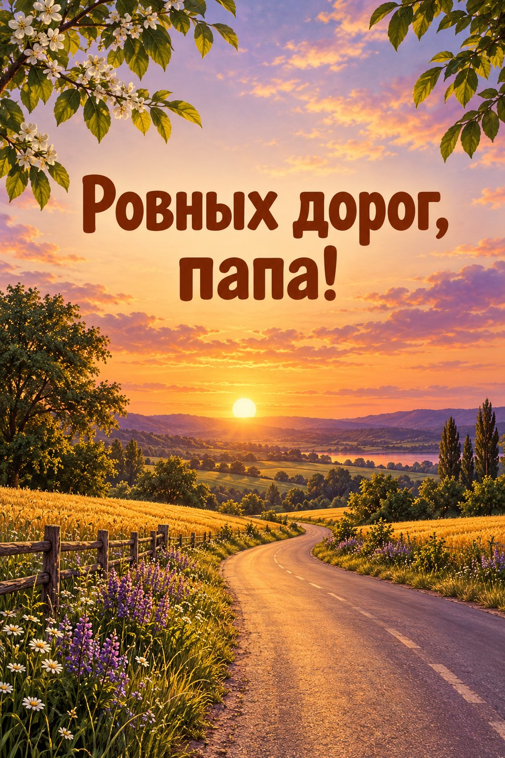 Открытка папе с днём рождения от дочери: просёлочная дорога на закате среди полей, надпись «Ровных дорог, папа!»