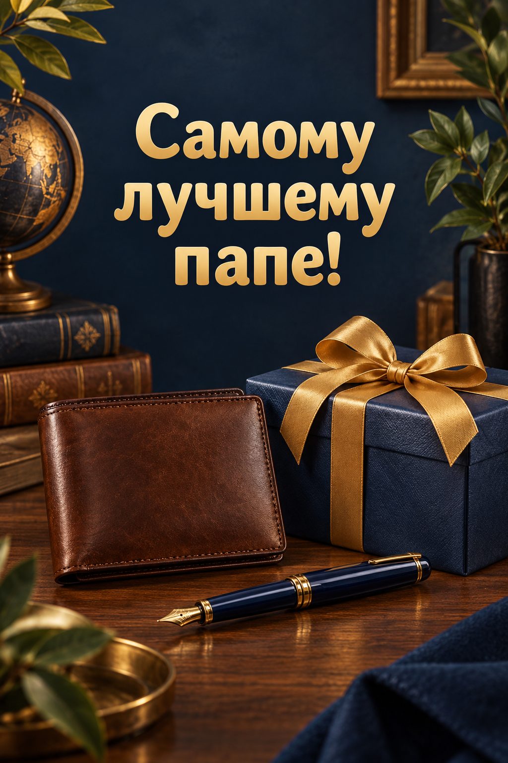 Открытка папе с днём рождения от дочери: кожаный бумажник, перьевая ручка и подарок, надпись «Самому лучшему папе!»