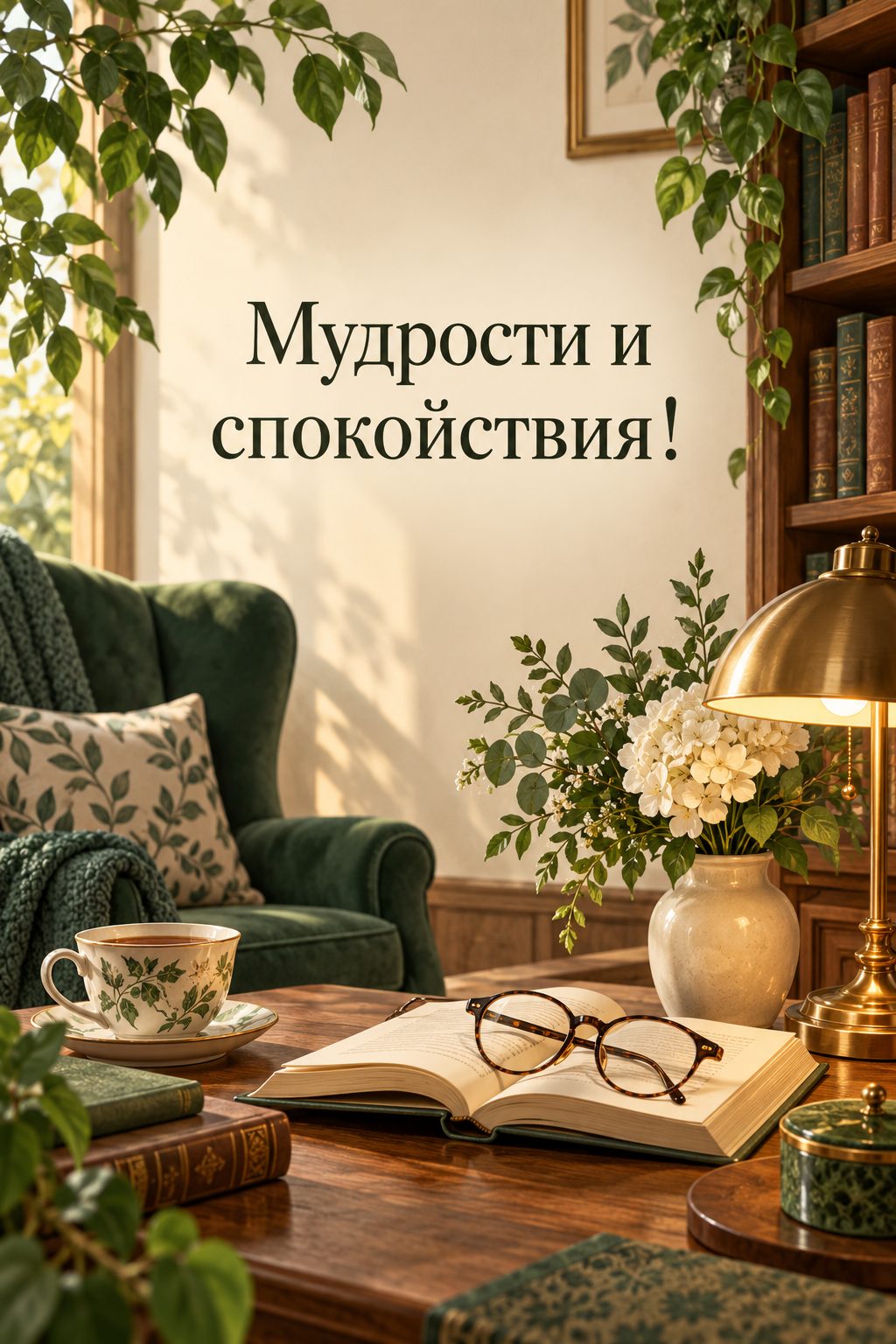 Открытка папе с днём рождения от дочери: уголок с книгами, очками на раскрытой книге и лампой, надпись «Мудрости и спокойствия!»