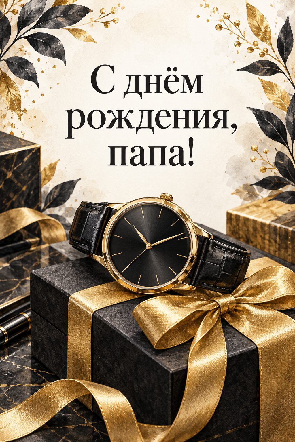 Открытка папе с днём рождения от дочери: классические часы с чистым циферблатом на подарочной коробке, надпись «С днём рождения, папа!»