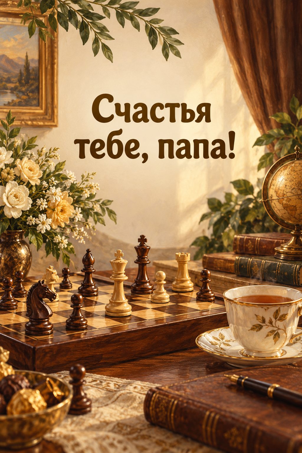 Открытка папе с днём рождения от дочери: шахматы и чашка чая на столе, надпись «Счастья тебе, папа!»